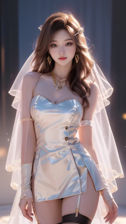 (8K Ultra HD、Digital SLR Camera、Soft Light、high quality、Volumetric Lighting、frank、photo、high resolution、4k、8K、Bokeh)，(Rich details on the eyes and face，warm color, Very saturated colors，Show a charming smile, Perfect face, Pretty Face, black eyes，Skin is transparent and visible, Shirasawa skin，cosmetic, necklace, Jewelry，veil，Hair accessories)，(Create stunning images of real girls, warm light, Dynamic poses, Elegant Posture, Cowboy lens, Look confident from the front，Facing the camera，Standing，Open your legs slightly，Golden Ratio Graphics，Minimalism, ), （Study background）, Chinese female students，brown hair、Gradient hairstyles，（Sexy，Perfect breast shape、Very detailed breasts，34E cup），Sexy透明紧身泳衣，（High waist，Waist hollow，Levain），（Smooth knee socks、garter、腿部garter）