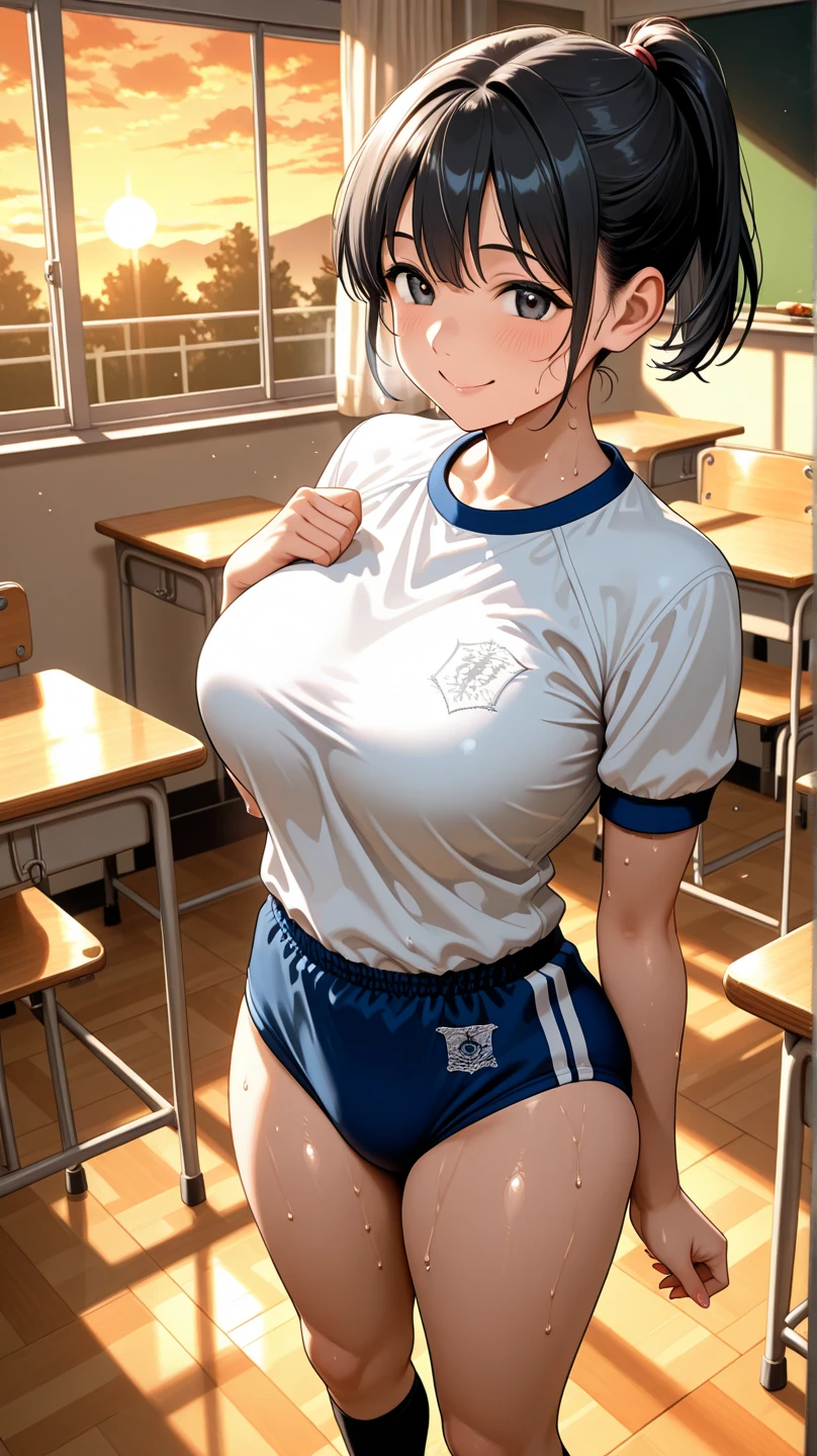 score_9, score_8_up, score_7_up, source_anime, classroom, 1girl, mature female, solo, white gym uniform, buruma, short hair, black hair, blue eyes, black stockings, large breasts, looking at viewer, standing, smile, front view, cameltoe, erect nipples, grabbing breasts,