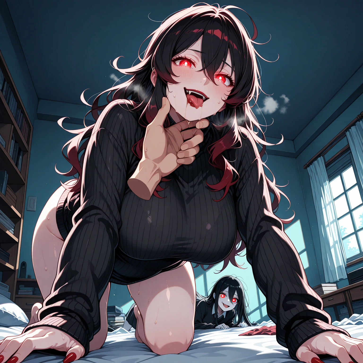 girl, white skin, pitch black hair, messy black hair, medium breasts, ultra cute face, random colour elements on skin, beautiful lights and shadows, ambient light, ultra detailed skin, volumetric light, naked, looking at viewer, hot pink neon eyes, hot pink neon scleras, demon eyes, spreading legs, cute smirk, top teeth exposed, fangs,