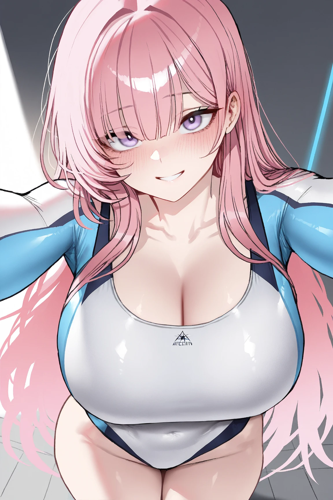 anime manga illustration katopunk 1girl, (leaning forward downblouse), (white hair), instagram katopunk  cleavage, detailed cute mature face,  breasts, perfect anatomy, thigh, navel, athletic shorts, smile,happy, (tank top), (thigh_gap), thick, wide waist,fit,armpits,(leaning forward), (smiling),  in HNKstyle, 80's anime style