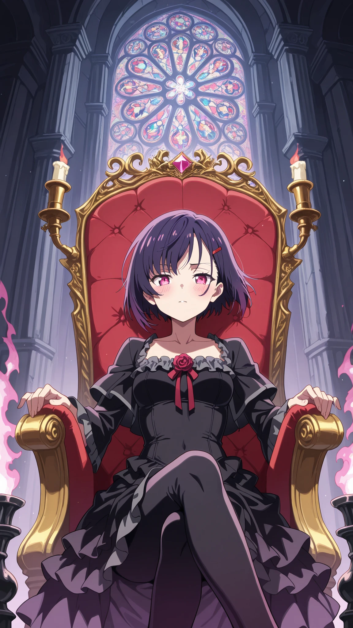 BREAK looking at viewer,BREAK (masterpiece:1.2), best quality, high resolution, unity 8k wallpaper, (illustration:0.8), (beautiful detailed eyes:1.6),A towering gothic castle hall, its vaulted ceilings lost in darkness, where a massive obsidian throne,Stained-glass windows depict fallen saints, their colors bleeding onto cracked marble floors, Iron chandeliers sway without wind, their candlelight guttering against walls lined with tattered banners, The air smells of cold iron and extinguished torch smoke,shizuka mikazuki, short hair, purple hair, hair ornament, hairclip, pink eyes, swept bangs, black tight dress,collarbone,sitting in throne,cross legs,from below,,blush, seductive expression,floating hair,