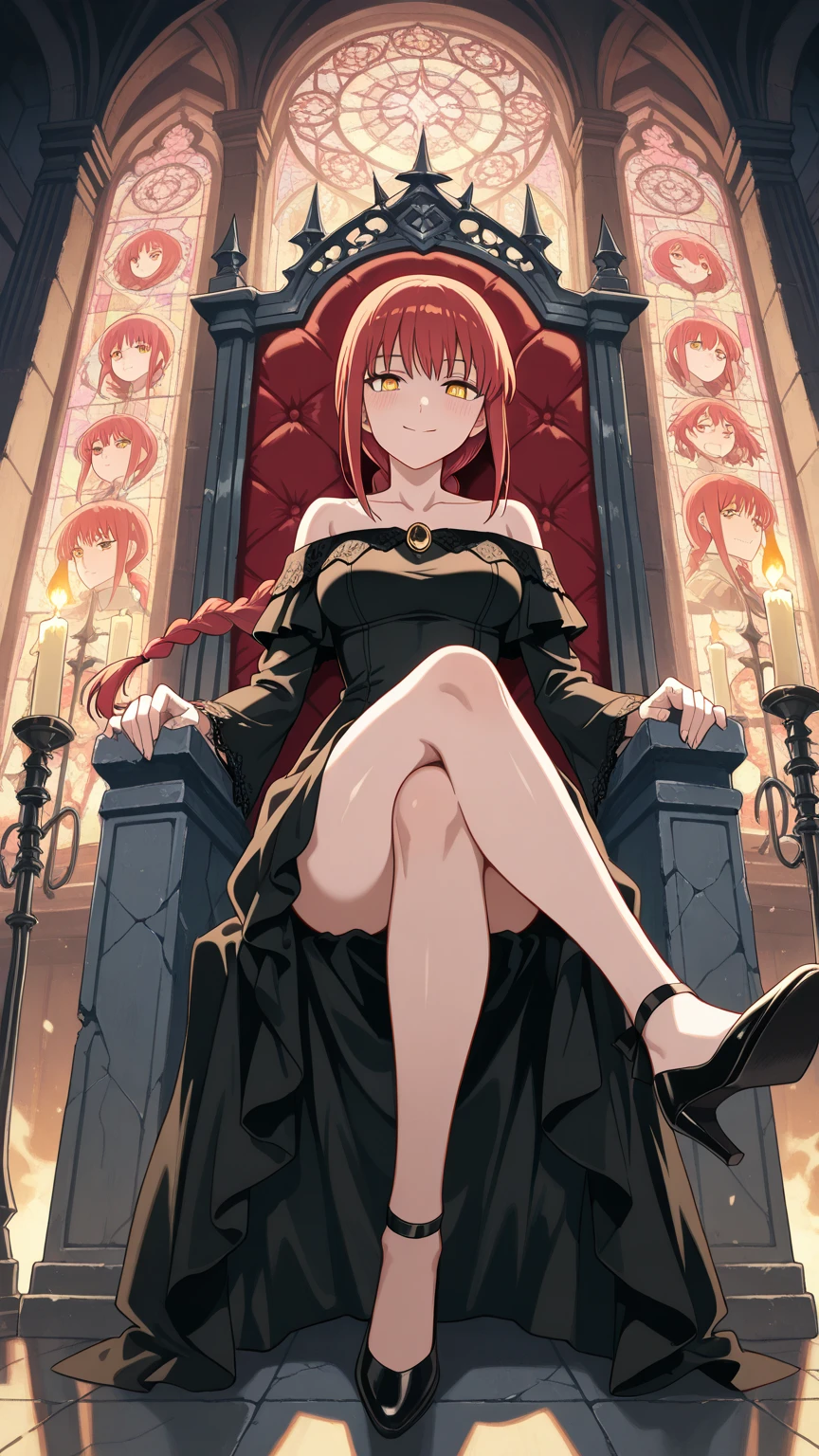 best quality, 8k , super fine illustration, extremely detailed CG ,masterpiece,
beautiful anime style woman ,25 years old
Smile, blush, medium breasts, Medium Hair、Red hair、(Queen of Fire:1.5),Chair、豪華なChair、Sitting with legs crossed、Off-the-shoulder dress、gloves、Black costume、(indoor、cave:1.5、Lava field:1.5)
cowboy shot ,
telephoto lens,
slow shutter speed
,,
(pure color scene),
(best shadow),
,,
(natural light),
,,
(natural reflection),