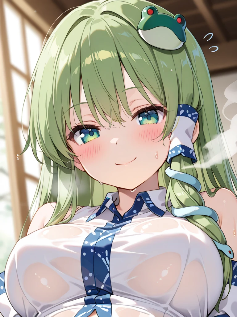 Oriental Project、Sanae Kochiya、Her breast size is D cup、She masturbates with her fingers。、Erotic、blush、Pussy、Embarrassing、Fingering her pussy、My pussy is wet、sexy、Green Hair、Face is bright red、My pussy is wet