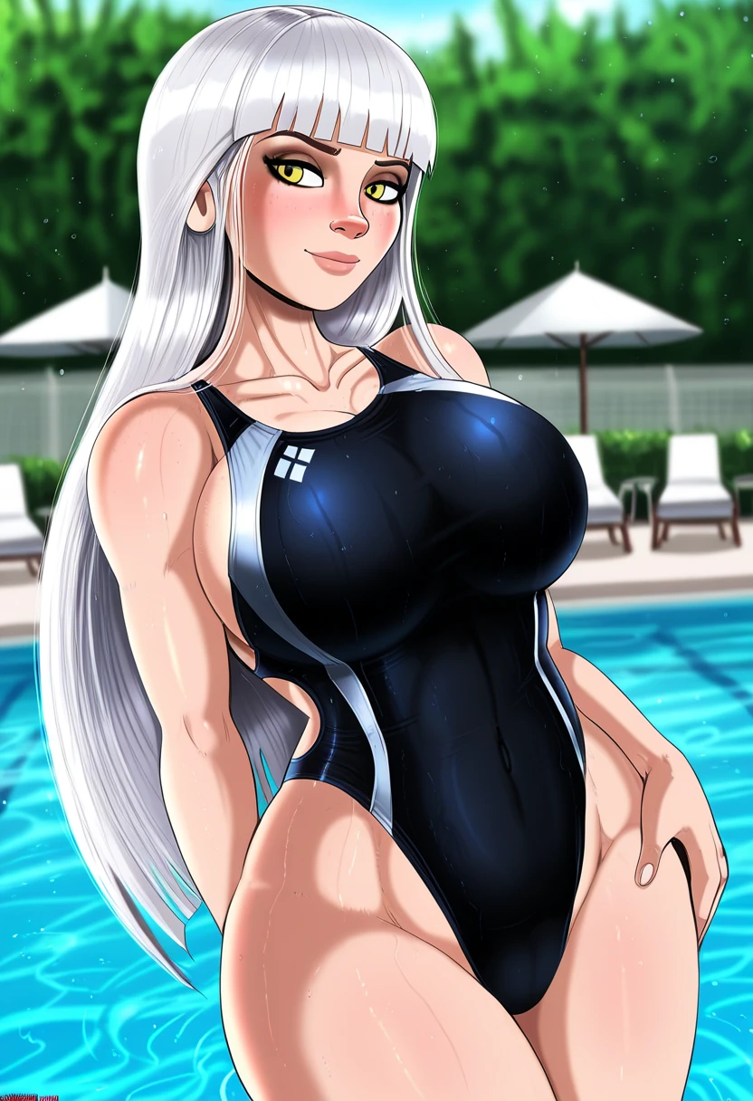Cute girls,ojos rojos redondos, cabello blanco、orejas de conejo,sexy、sonriendo,Peinado liso medio a largo、(Bigboobs,,Wear a green swimsuit,En una casa de alquiler,sitting on the couch,Noche,estaba lloviendo afuera,Upper body is wet.,cuerpo entero,green swimsuit