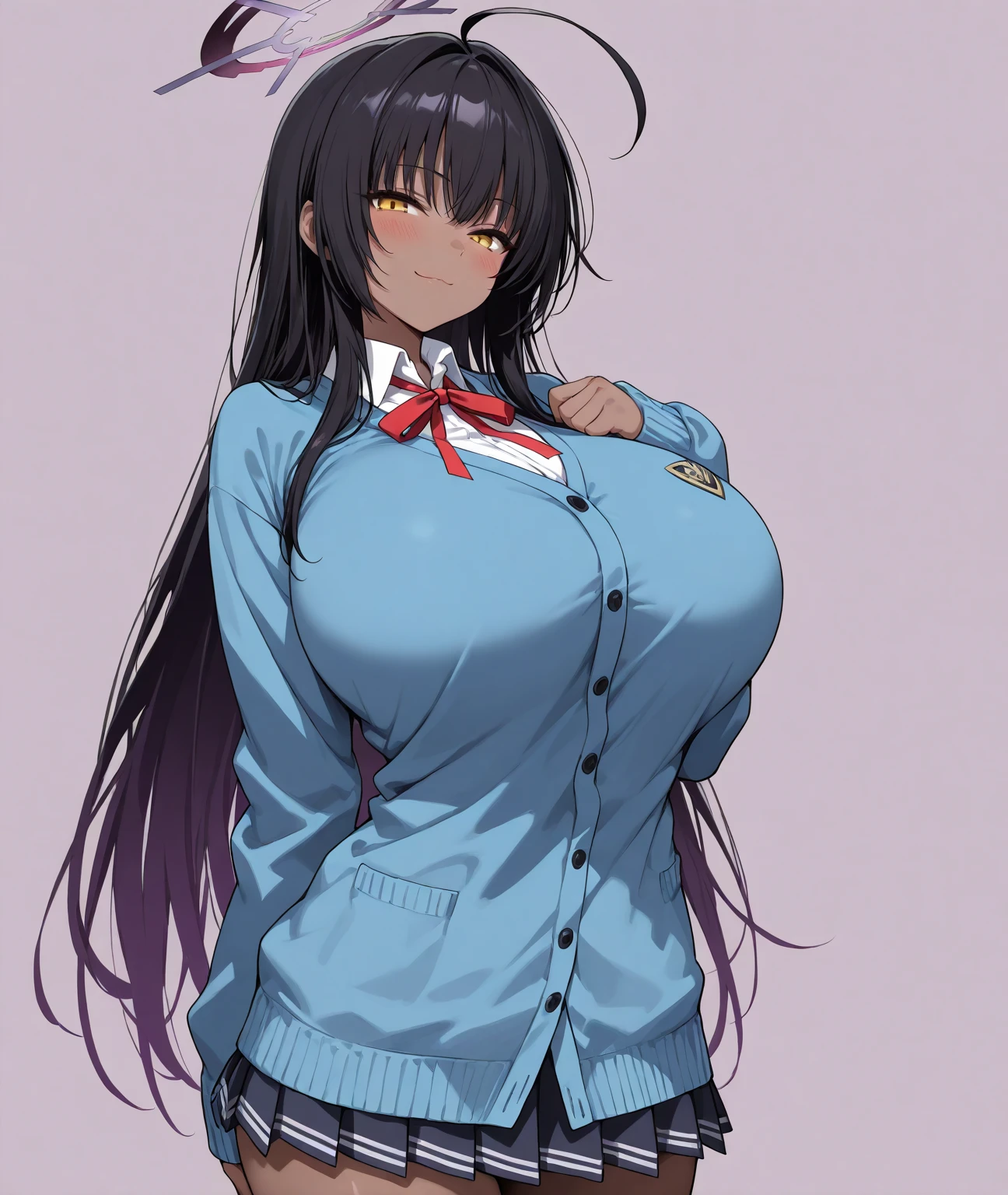 masterpiece, absurdes, highly detailed, highres,((simple background:2.0)),high quality, best quality,score_9_up, score_8_up, score_7_up,high resolution,detailed face,best quality,detailed eyes, High-resolution portrait, sharp detail, masterpiece,detailed finger,(solo girl,karin, ahoge, black hair, dark skin, dark-skinned female, halo, long hair, yellow eyes,),(huge breasts:1.2),(cardigan, neck ribbon, pleated skirt, ribbon, school uniform, skirt, blue cardigan,),blush,(light smile,naughty face,close mouth),(cowboy shot:1.5),(from front),(slim),looking at viewer,(standing:1.2)