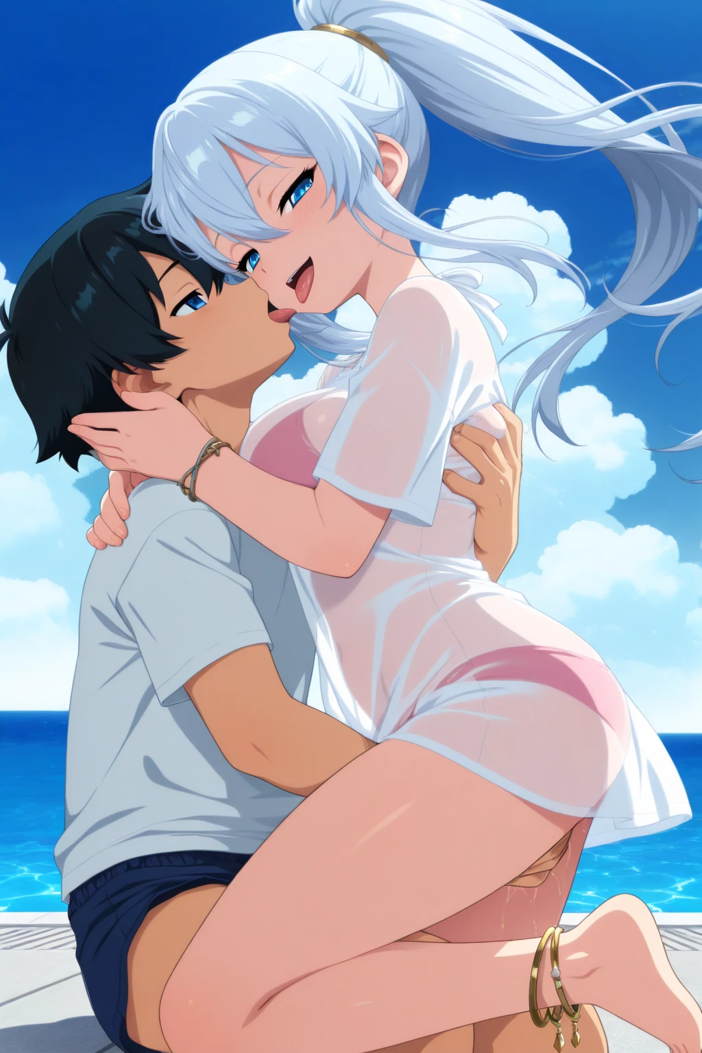 7 years old beautiful Anime girl in blue bikini and a boy shirtless who is kissing her lips in a truck 