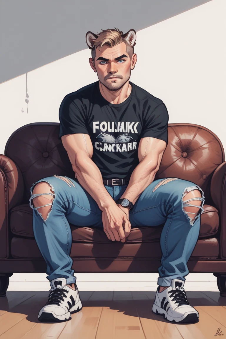 8k , (((melhor qualidade))) Um rapaz de 26 anos, latino , pele morena , cabelo bem curto e rente quase careca , olhos expressivos , sobrancelha grossa, barba muito curta e rente , bigode , pequenos brincos argola praticados, usando uma regata preta, Denim Jeans Pants, sapato preto, Athletic and parrudo body, peito grande, sentado em frete a um laptop preto, em um quarto gamer, feliz