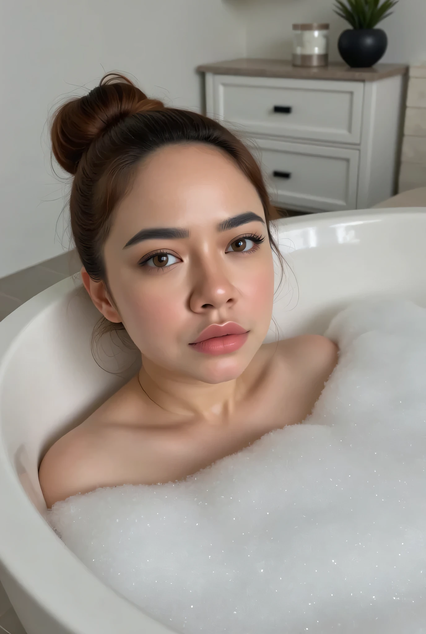 Cum in mouth The facial reaction is very gloomy and sad, CREATE ANIME CARTOON 3D PHOTO, "A highly realistic, ultra-detailed portrait of a woman relaxing in a bubble bath, captured in the best settings of a SONY A7R with a fast prime lens (f/1.8). The scene features a minimalist bathroom with soft, natural lighting, emphasizing the subject's smooth skin, delicate facial features, and the dynamic texture of the foam. Hyper-detailed textures, cinematic lighting, and a sharp focus create an immersive depth. 32K resolution, photorealistic rendering, skin pores and water droplets visible, ultra-sharp image, professional photography style." Wajah KELIHATAN muram Dan sedih,  chubby cheeks, Bun Bun Hairstyles.