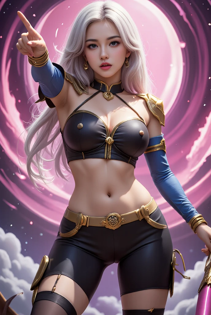 Mulher de cabelos loiros em roupa azul e bege segurando em poses de combate como em street fighter, Zelda, Retrato de Zelda, de lenda de Zelda, Link da lenda de Zelda, link do Zelda, Fotos cosplay, Cosplay ornamentado, Cosplay profissional, Cosplay, Cosplay Completo, Artgerm Moody Fotografia, Princesa Zelda, Zelda como Triforce, Hyrule, Anime Garota Cosplay, ray-traced, 3d-render, extremanente detalhado, alta qualidade, Realistic light and shadow, black hair, eye reflection, light smile, ray tracing, ray tracing, high detail, Realism, Hyperrealism, depth of field, cinematic lighting, motion blur, sparkle, glowing light, god rays, ray tracing, reflection light, afterimage, multiple views, lens flare, bokeh, 4k, UHD, masterpiece, anatomically correct, textured skin, super detail, high quality, best quality, 8k