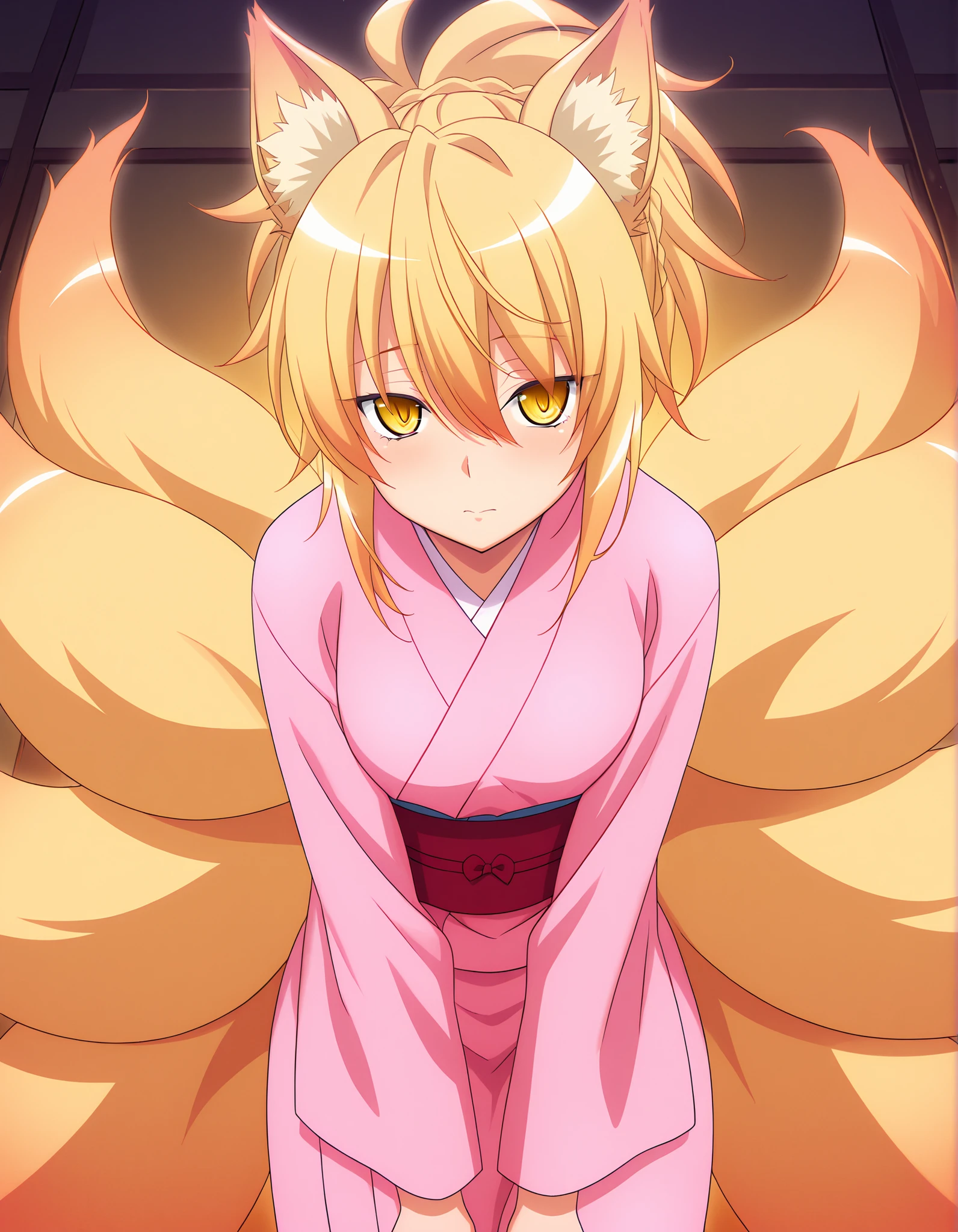 masterpiece, best quality, very aesthetic,, kunou-dxd, 1girl, yellow eyes, black pupils, blonde hair, ponytail, fox ears, fox tail, multiple tails,, 