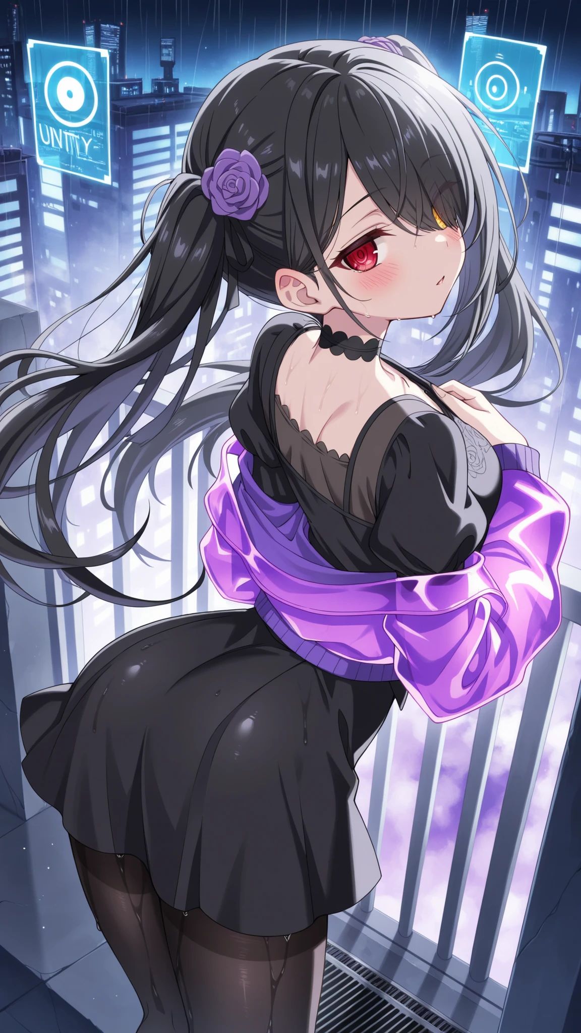 BREAK (masterpiece:1.2), best quality, high resolution, unity 8k wallpaper, (illustration:0.8), (beautiful detailed eyes:1.6),Futuristic metropolis at night, skyscrapers sheathed in holographic ads reflected in rain-slicked streets, neon kanji smeared across wet asphalt like liquid light, Steam rises from sewer grates, twisting around augmented hustlers in glowing jackets, Towering corporate logos distort in oily puddles where stray cats step carefully between discarded tech,kurumi tokisaki casual, long hair, black hair, red eyes, long sleeves, dress, pantyhose, hair over one eye, black dress, black pantyhose, puffy sleeves, choker, collarbone, skirt, black skirt, flowers, hair flowers, purple flowers, twintails, low twintails,floating hair,blush, seductive expression,from behind, arched back