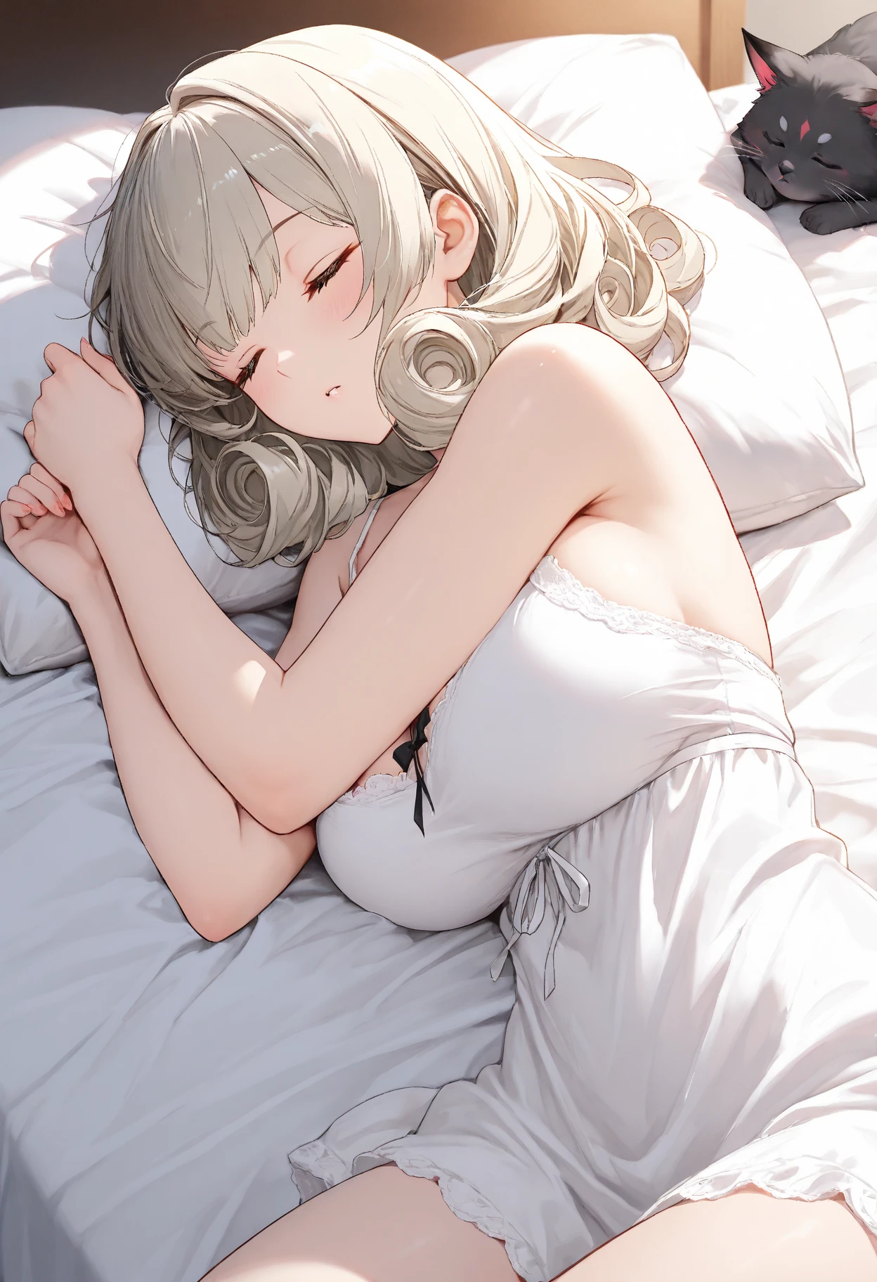 Silver Haired Elf、Highly revealing apron、living、Sleeping on a soft sofa、A comfortable sleeping face、I'm wearing underwear
