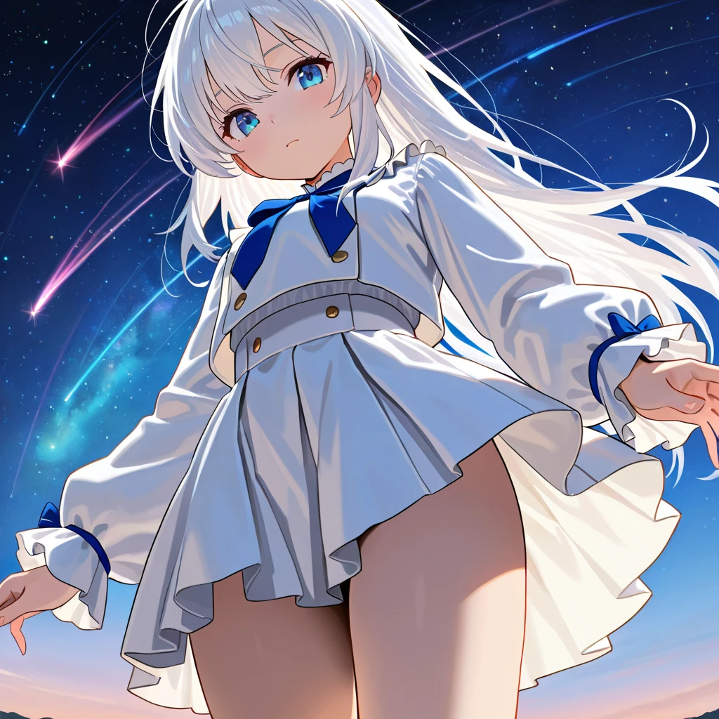 Nsfw,knee boots,illustration,((solo)),(1 girl),smile,(fusion of school uniform and high legged swimsuit),shiny,depth of field,colorful, closed mouth,floating,nature,galaxy,fantasy,snow,winter,star,night,a lot of snow,floating snow