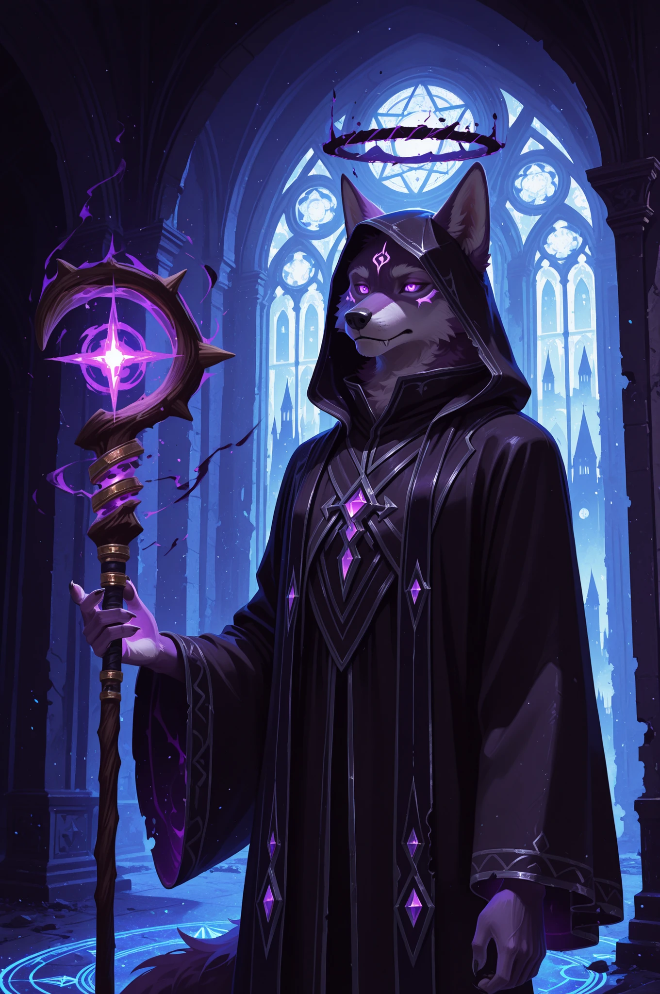masterpiece, best_quality, amazing quality, newest, add detail, sharp focus, no lineart, 
photorealistic, gradation grading, color contrast, impressionism,  muted colors palette, surrealism.
focused subject, close up, portrait, 1boy, male, anthro, furry, wolf, purple fur, purple eyes,  dark magic, shadow magic, void magic, warcraft inspired, hooded robe, black robes, runic robes, ornate robes, long sleeves, high collar, shadow tendrils, dark energy, floating, casting a spell, summoning magic, cursed staff, demonic symbols, glowing sigils, aura of darkness, ominous lighting, magical circle, cathedral ruins, void background, corrupted halo, cursed markings, simple dark background, dynamic lighting, shadows, silhouette, (cowboy shot),
suspense and dark theme.
shoot from side, 
dynamic composition, dynamic angle.