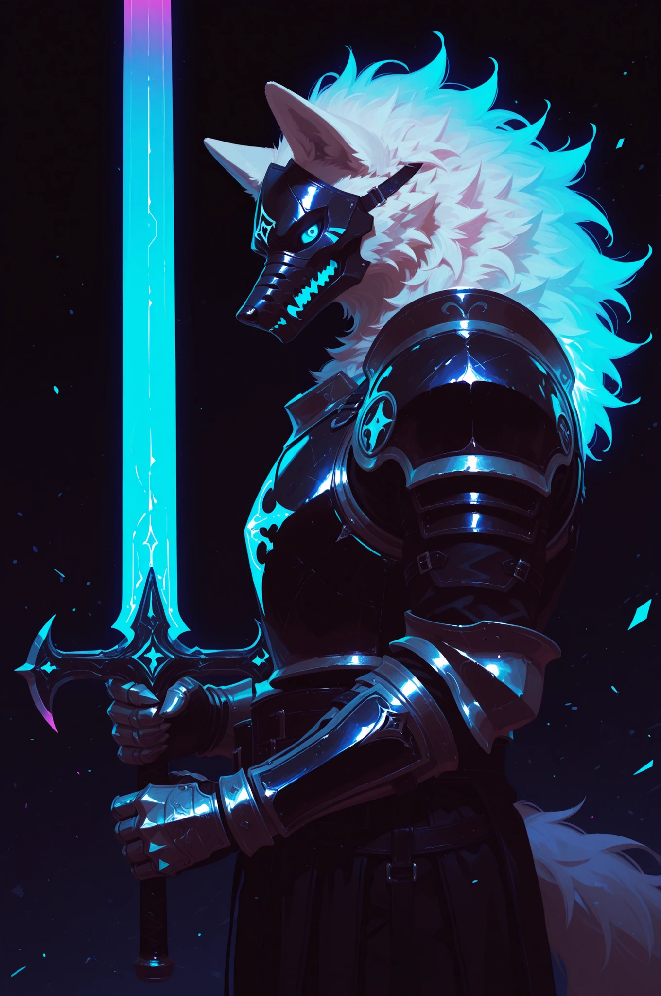 masterpiece, best_quality, amazing quality, newest, add detail, sharp focus, no lineart, 
photorealistic, gradation grading, color contrast, impressionism,  muted colors palette, surrealism.
focused subject, close up, 1boy, male, anthro, furry, wolf, white fur, blue eyes, demon face mask, solo, armor, gauntlets, gradient, glowing hair, looking at the viewer, neon color palette, holding neon weapon, huge weapon, eerie, ghost in armor,
simple dark background, dynamic lighting, shadows, silhouette,
suspense and dark theme.
shoot from side, 
dynamic composition, dynamic angle.