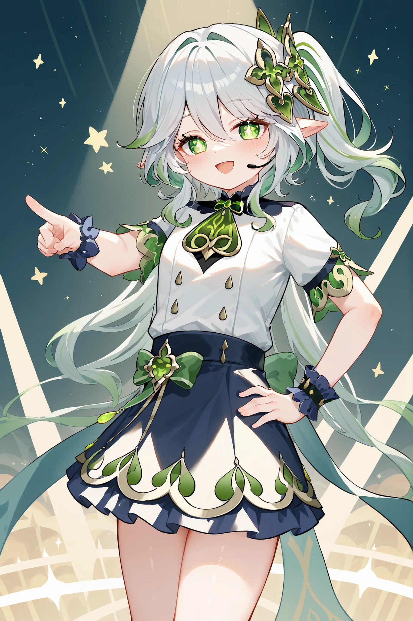 (score_9,score_8_up,score_7_up),<lora:Nahida(genshin impact)-v1:1>,Nahida(genshin impact),1girl,nahida (genshin impact),solo,green eyes,pointy ears,hair ornament,side ponytail,multicolored hair,gradient hair,white hair,green hair,symbol-shaped pupils,looking away,hair between eyes,grey hair,star_(symbol), smile, side_ponytail, looking_at_viewer, open_mouth, skirt, short_sleeves, stage, idol, headset, hand_on_hip, bow, pointing, index_finger_raised, blue_skirt, stage_lights, wrist_cuffs, ribbon, blush, hair_ornament, hair_ribbon, asymmetrical_hair, frills,anime,NSFW,expressive,very beautiful,moody lighting,ultra hd 32k,masterpiece,toes,cute face,