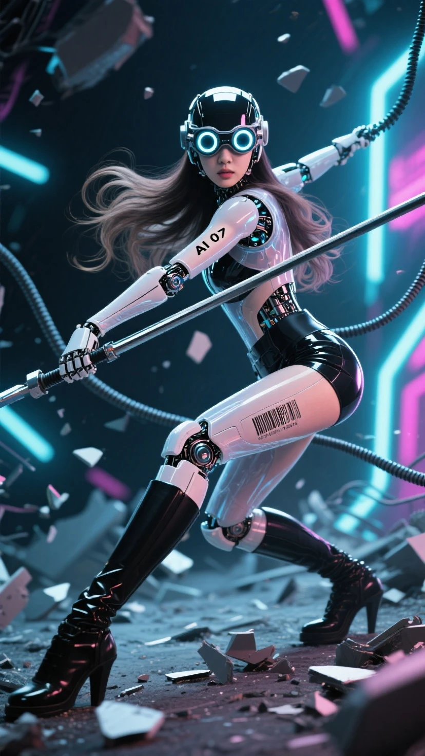 Fraction_9, Fraction_8_more than, Fraction_7_more than. in the bottom frame,time has passed, 
SF Future Mechanic 안드로이드 한국 female, 투명한 몸체, 시스루, black and 롱 웨이브 hair, close-up facial Helmatt covering eyes and head, 5 round 크기가 작은, 눈에서부터 머리까지 세로로 정렬된 vision goggles (microscope) lenses on Helmatt's eyes, and 작게 AI 07 numbers and barcodes on the skin of one arm.
Dynamic movements, motion blur, dramatic martial arts action poses that seem to be dancing, SF Future Mechanic female warriors, balanced, flexible and sleek body, a fierce expression on the face of an innocent and elegant KPOP idol, a detailed face, a light afterimage effect of a wielding long spear weapon, a screen full of broken debris, the height of glamour intertwined with neon lights. 끊어진 긴 케이블 전선들이 공중에 휘날린다. 투몀한 몸체 속에 보이는 안드로이드 부품과 구조의 디테일. 긴 메카닉 부츠, 긴 메카닉 부츠를 신은 발이 땅을 강하게 밟아 부서진다. 여전사가 밟은 땅이 부서져 파편이 튄다. 헬멧이 눈까지 완전히 덮고, 이마는 안보인다, 안면을 가린, 눈과 붙어 있는 헬맷, 야시경 렌즈 5개가 안면부 눈에 달린 헬맷, 눈에 야시경 렌즈, 가면처럼, 여전사의 발끝에서 머리끝까지 전체 모습을 담은 풀바디샷.
[futuristic style, neon, glasses, futuristic style headset]. Masterpiece, best quality, (super detailed), incredible quality, is very beautiful, illustration, perfect composition of the face, Fine Details, absurd, incredibly absurd.