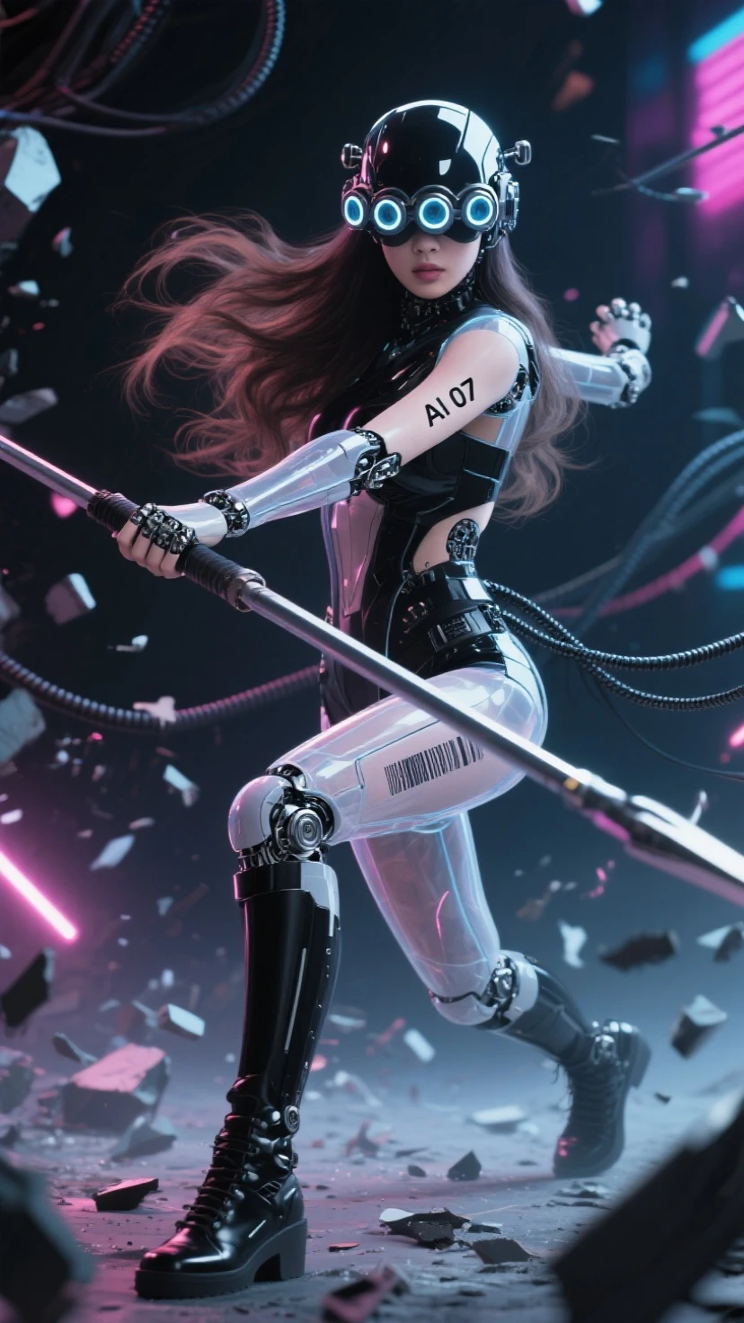 Fraction_9, Fraction_8_more than, Fraction_7_more than. in the bottom frame,time has passed, 
SF Future Mechanic 안드로이드 한국 female, 투명한 몸체, 시스루, black and 롱 웨이브 hair, close-up facial Helmatt covering eyes and head, 5 round 크기가 작은, 눈에서부터 머리까지 세로로 정렬된 vision goggles (microscope) lenses on Helmatt's eyes, and 작게 AI 07 numbers and barcodes on the skin of one arm.
Dynamic movements, motion blur, dramatic martial arts action poses that seem to be dancing, SF Future Mechanic female warriors, balanced, flexible and sleek body, a fierce expression on the face of an innocent and elegant KPOP idol, a detailed face, a light afterimage effect of a wielding long spear weapon, a screen full of broken debris, the height of glamour intertwined with neon lights. 끊어진 긴 케이블 전선들이 공중에 휘날린다. 투몀한 몸체 속에 보이는 안드로이드 부품과 구조의 디테일. 긴 메카닉 부츠, 긴 메카닉 부츠를 신은 발이 땅을 강하게 밟아 부서진다. 여전사가 밟은 땅이 부서져 파편이 튄다. 헬멧이 눈까지 완전히 덮고, 이마는 안보인다, 안면을 가린, 눈과 붙어 있는 헬맷, 야시경 렌즈 5개가 안면부 눈에 달린 헬맷, 눈에 야시경 렌즈, 가면처럼, 여전사의 발끝에서 머리끝까지 전체 모습을 담은 풀바디샷.
[futuristic style, neon, glasses, futuristic style headset]. Masterpiece, best quality, (super detailed), incredible quality, is very beautiful, illustration, perfect composition of the face, Fine Details, absurd, incredibly absurd.