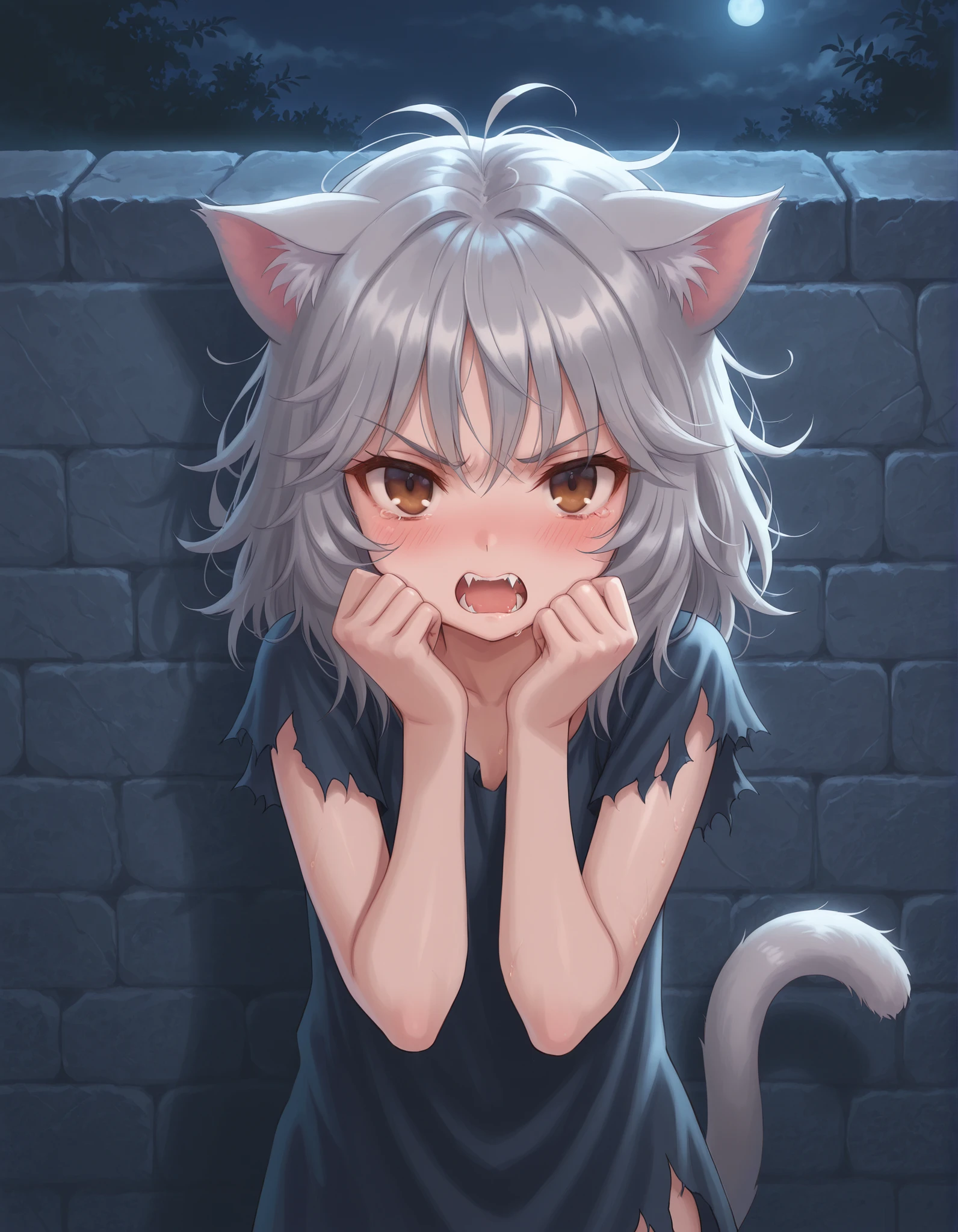 gpstyle,, 1girl, petite, (skinny and frail:0.7), cat girl, against wall, stone wall, brown eyes,looking at viewer, grey hair, medium hair, messy hair, angry, (scared:0.4), (open mouth:0.5), fangs, hands up, (tearing up:0.5), tail raised, torn clothes, straight-on, dark, night, outdoors, masterpiece,best quality, amazing quality,