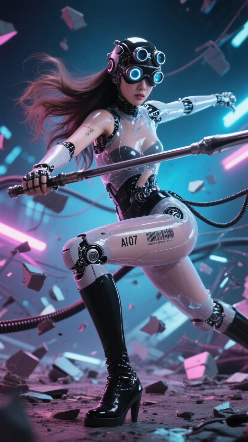 Fraction_9, Fraction_8_more than, Fraction_7_more than. in the bottom frame,time has passed, 
SF Future Mechanic 안드로이드 한국 female, 투명한 몸체, 시스루, black and 롱 웨이브 hair, close-up facial Helmatt covering eyes and head, 5 round 크기가 작은, 눈에서부터 머리까지 세로로 정렬된 vision goggles (microscope) lenses on Helmatt's eyes, and 작게 AI 07 numbers and barcodes on the skin of one arm.
Dynamic movements, motion blur, dramatic martial arts action poses that seem to be dancing, SF Future Mechanic female warriors, balanced, flexible and sleek body, a fierce expression on the face of an innocent and elegant KPOP idol, a detailed face, a light afterimage effect of a wielding long spear weapon, a screen full of broken debris, the height of glamour intertwined with neon lights. 끊어진 긴 케이블 전선들이 공중에 휘날린다. 투몀한 몸체 속에 보이는 안드로이드 부품과 구조의 디테일. 긴 메카닉 부츠, 긴 메카닉 부츠를 신은 발이 땅을 강하게 밟아 부서진다. 여전사가 밟은 땅이 부서져 파편이 튄다. 헬멧이 눈까지 완전히 덮고, 이마는 안보인다, 안면을 가린, 눈과 붙어 있는 헬맷, 야시경 렌즈 5개가 안면부 눈에 달린 헬맷, 눈에 야시경 렌즈, 가면처럼, 여전사의 발끝에서 머리끝까지 전체 모습을 담은 풀바디샷.
[futuristic style, neon, glasses, futuristic style headset]. Masterpiece, best quality, (super detailed), incredible quality, is very beautiful, illustration, perfect composition of the face, Fine Details, absurd, incredibly absurd.