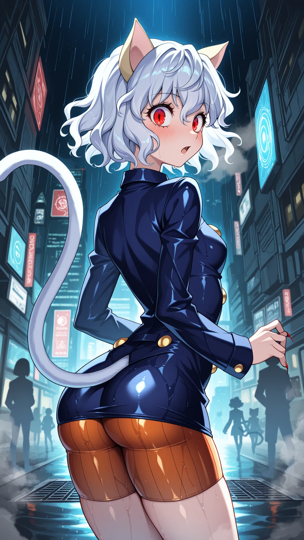 BREAK (masterpiece:1.2), best quality, high resolution, unity 8k wallpaper, (illustration:0.8), (beautiful detailed eyes:1.6),Futuristic metropolis at night, skyscrapers sheathed in holographic ads reflected in rain-slicked streets, neon kanji smeared across wet asphalt like liquid light, Steam rises from sewer grates, twisting around augmented hustlers in glowing jackets, Towering corporate logos distort in oily puddles where stray cats step carefully between discarded tech,neferpitou, short hair, red eyes, animal ears, tail, white hair, cat ears, cat tail, long sleeves, shorts,curly hair,blush, seductive expression,from behind,open mouth,