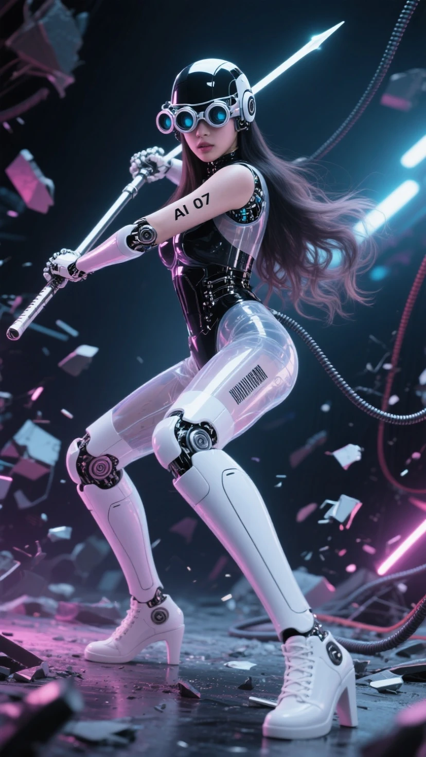 Fraction_9, Fraction_8_more than, Fraction_7_more than. in the bottom frame,time has passed, 
SF Future Mechanic 안드로이드 한국 female, 투명한 몸체, 시스루, black and 롱 웨이브 hair, close-up facial Helmatt covering eyes and head, 5 round 크기가 작은, 눈에서부터 머리까지 세로로 정렬된 vision goggles (microscope) lenses on Helmatt's eyes, and 작게 AI 07 numbers and barcodes on the skin of one arm.
Dynamic movements, motion blur, dramatic martial arts action poses that seem to be dancing, SF Future Mechanic female warriors, balanced, flexible and sleek body, a fierce expression on the face of an innocent and elegant KPOP idol, a detailed face, a light afterimage effect of a wielding long spear weapon, a screen full of broken debris, the height of glamour intertwined with neon lights. 끊어진 긴 케이블 전선들이 공중에 휘날린다. 투몀한 몸체 속에 보이는 안드로이드 부품과 구조의 디테일. 긴 메카닉 부츠, 긴 메카닉 부츠를 신은 발이 땅을 강하게 밟아 부서진다. 여전사가 밟은 땅이 부서져 파편이 튄다. 헬멧이 눈까지 완전히 덮고, 이마는 안보인다, 안면을 가린, 눈과 붙어 있는 헬맷, 야시경 렌즈 5개가 안면부 눈에 달린 헬맷, 눈에 야시경 렌즈, 가면처럼, 여전사의 발끝에서 머리끝까지 전체 모습을 담은 풀바디샷.
[futuristic style, neon, glasses, futuristic style headset]. Masterpiece, best quality, (super detailed), incredible quality, is very beautiful, illustration, perfect composition of the face, Fine Details, absurd, incredibly absurd.