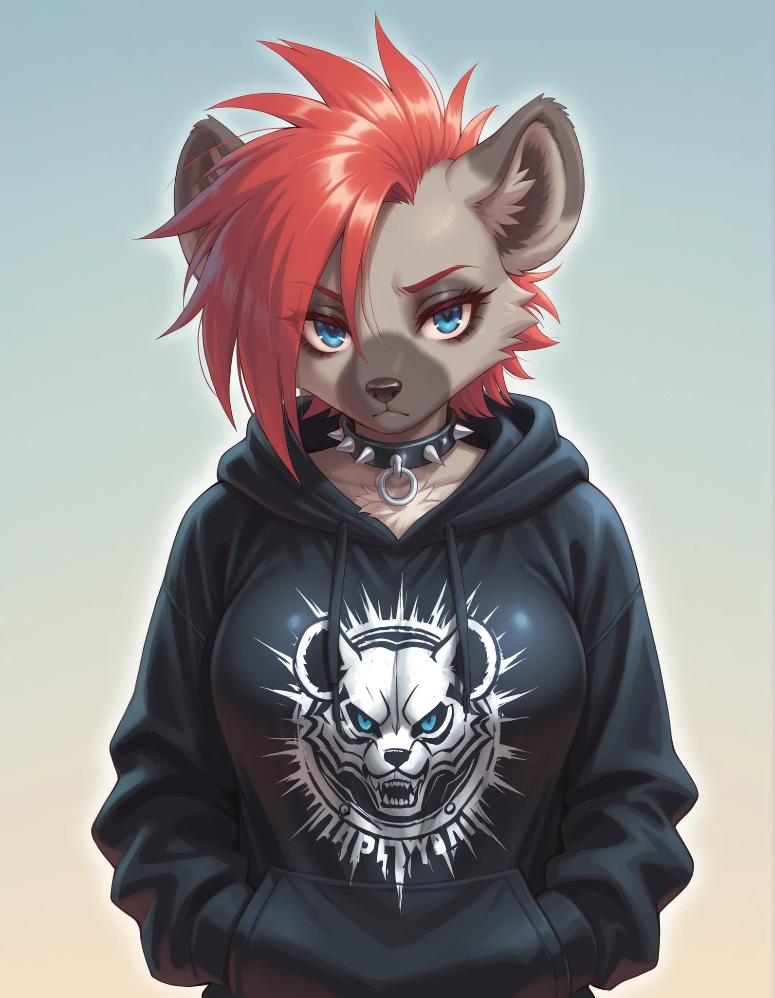 gpstyle,, 1girl, solo, anthro hyena, furry, furry female, blue eyes, punk, grey fur, black hoodie, breast, spike collar, red hair,
