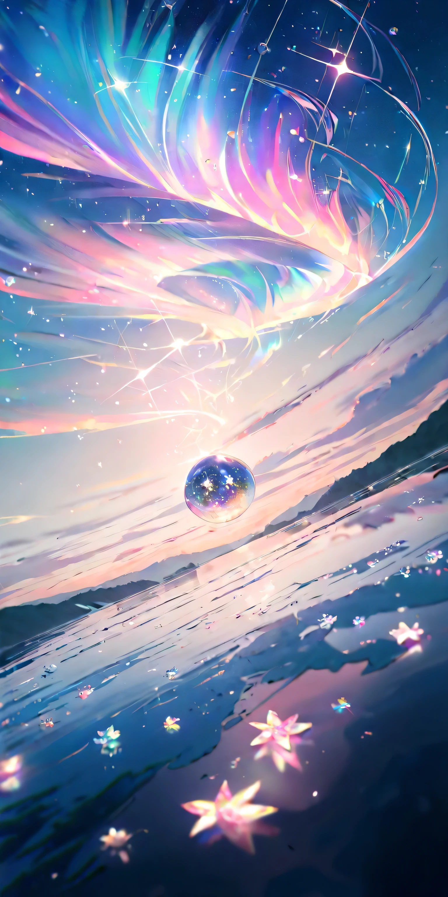 1girl\(cute,,chibi,student, young, hair\(short,silver,floating\), cosmic eyes, pale skin, (looking up),close-up\). BREAK .(crystal clear bubbles\(shining prism,in the sky\), beautiful universe, (photo-realistic huge beautiful colorful aurora:1.2),high color saturation, ground\(made of water, reflecting aurora\), many colorful (realistic crystal flowers) blooming everywhere, (shiny wind flow), stars sparkle, from below. (fish-eye lens). BREAK .quality\(,masterpiece, high score, great score, very aesthetic, high resolution, ultra-detailed, absurdres, newest, scenery, depth of field\)
