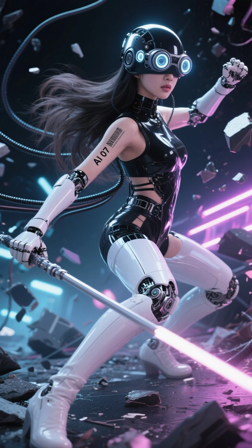 Fraction_9, Fraction_8_more than, Fraction_7_more than. in the bottom frame,time has passed, 
SF Future Mechanic 안드로이드 한국 female, 투명한 몸체, 시스루, black and 롱 웨이브 hair, close-up facial Helmatt covering eyes and head, 5 round 크기가 작은, 눈에서부터 머리까지 세로로 정렬된 vision goggles (microscope) lenses on Helmatt's eyes, and 작게 AI 07 numbers and barcodes on the skin of one arm.
Dynamic movements, motion blur, dramatic martial arts action poses that seem to be dancing, SF Future Mechanic female warriors, balanced, flexible and sleek body, a fierce expression on the face of an innocent and elegant KPOP idol, a detailed face, a light afterimage effect of a wielding long spear weapon, a screen full of broken debris, the height of glamour intertwined with neon lights. 끊어진 긴 케이블 전선들이 공중에 휘날린다. 투몀한 몸체 속에 보이는 안드로이드 부품과 구조의 디테일. 긴 메카닉 부츠, 긴 메카닉 부츠를 신은 발이 땅을 강하게 밟아 부서진다. 여전사가 밟은 땅이 부서져 파편이 튄다. 헬멧이 눈까지 완전히 덮고, 이마는 안보인다, 안면을 가린, 눈과 붙어 있는 헬맷, 야시경 렌즈 5개가 안면부 눈에 달린 헬맷, 눈에 야시경 렌즈, 가면처럼, 여전사의 발끝에서 머리끝까지 전체 모습을 담은 풀바디샷.
[futuristic style, neon, glasses, futuristic style headset]. Masterpiece, best quality, (super detailed), incredible quality, is very beautiful, illustration, perfect composition of the face, Fine Details, absurd, incredibly absurd.