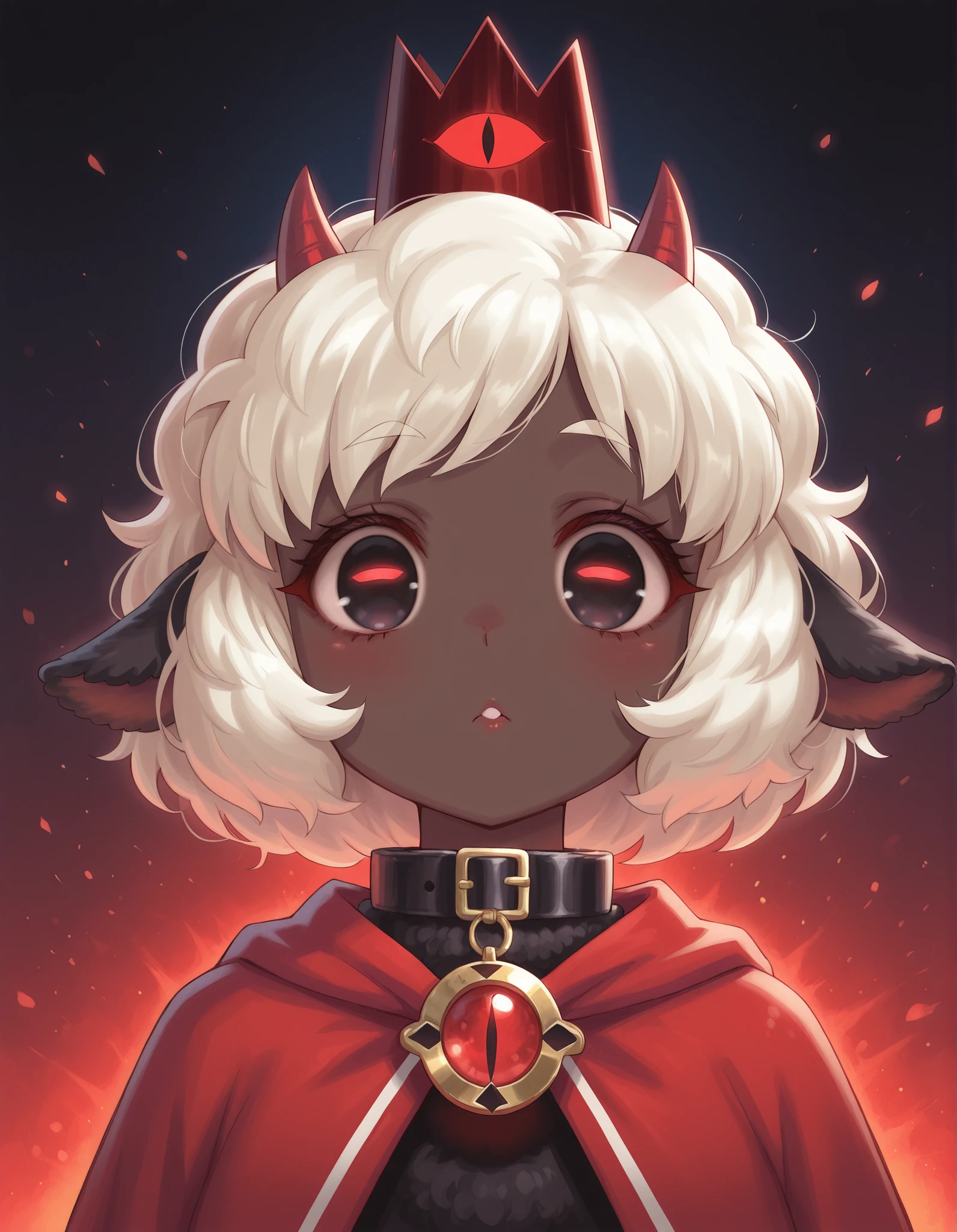 gpstyle,, masterpiece, best quality, very aesthetic, 1girl, solo, cult of the lamb, sheep girl, collar, horizontal pupils, red/black eyes, red crown,
