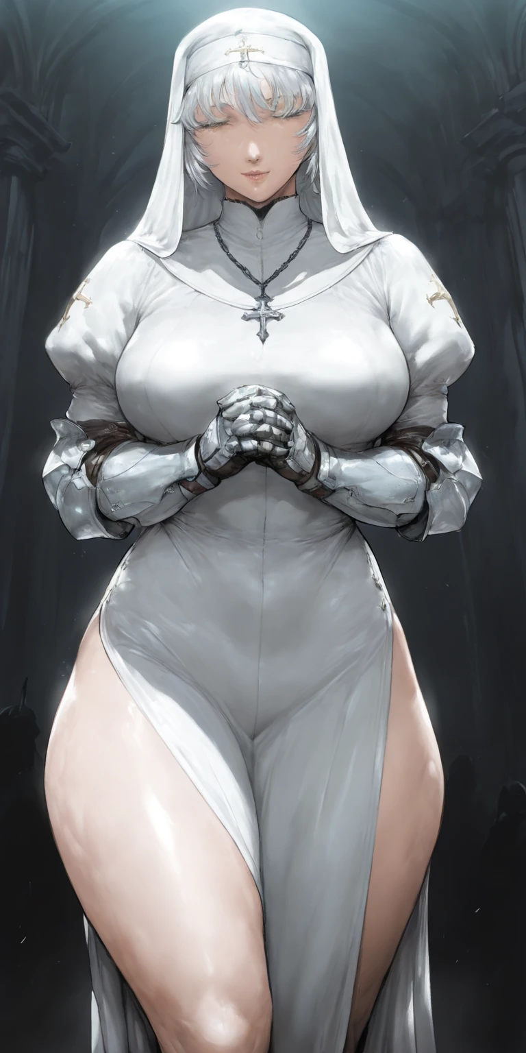 a white hood covers her head, very blue eyes, porcelain skin, very white and pale skin, she wears a mask that covers her mouth, only her eyes are visible, he wears a white tunic, only his arms and legs appear, the skirt is long, with a slit that goes to the groin, leaving her shapely and muscular legs exposed, she is barefoot, she has two daggers in a battle position