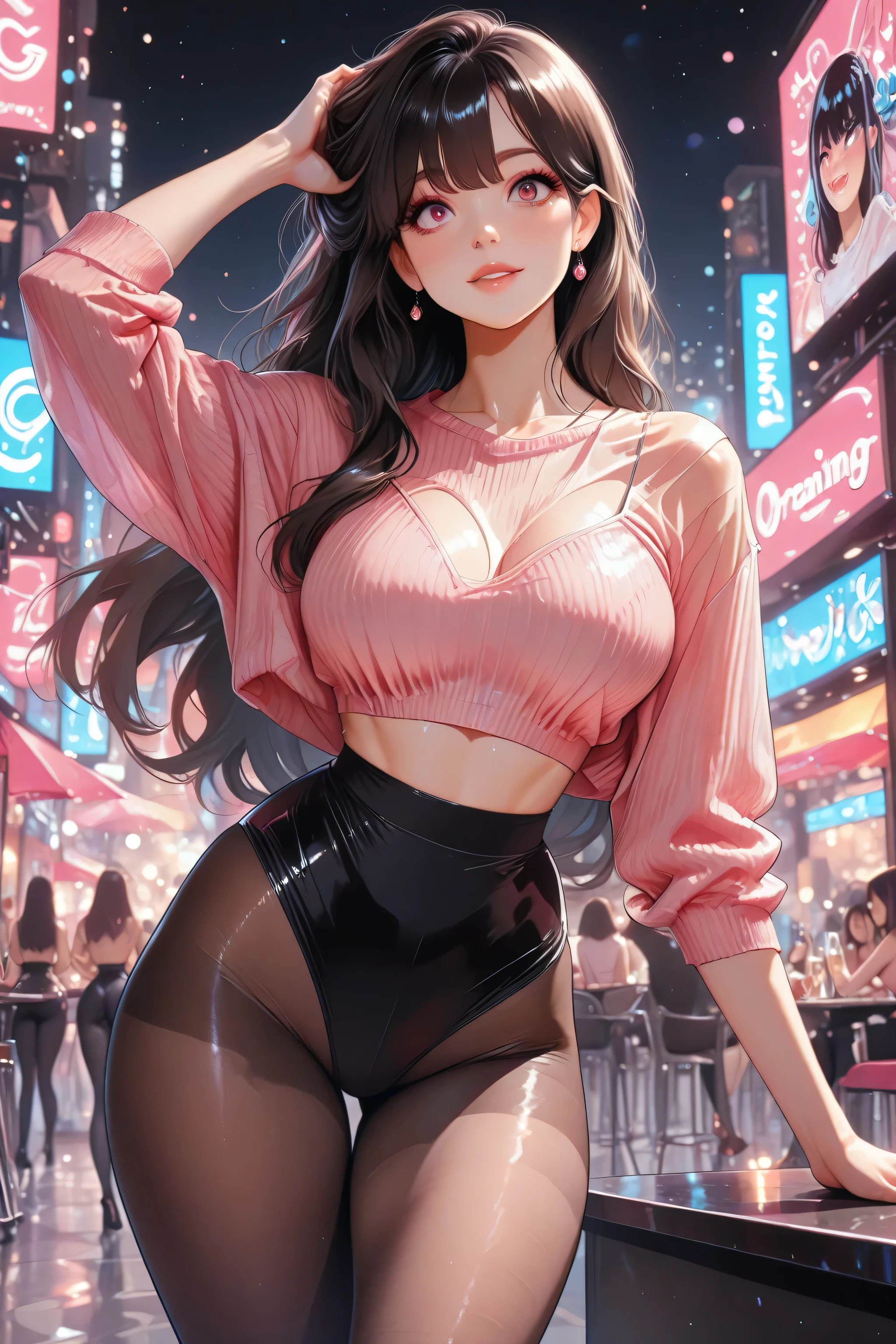 high definition eyes,(masterpiece, detailed), eyesHD,masterpiece, best quality, amazing quality, hyper-detailed, newest, very aesthetic, 1 adult woman, orgaming, dynamic pose:1.0, sexy clothes, erotic clothes, original pantyhose, absurdres, highres,