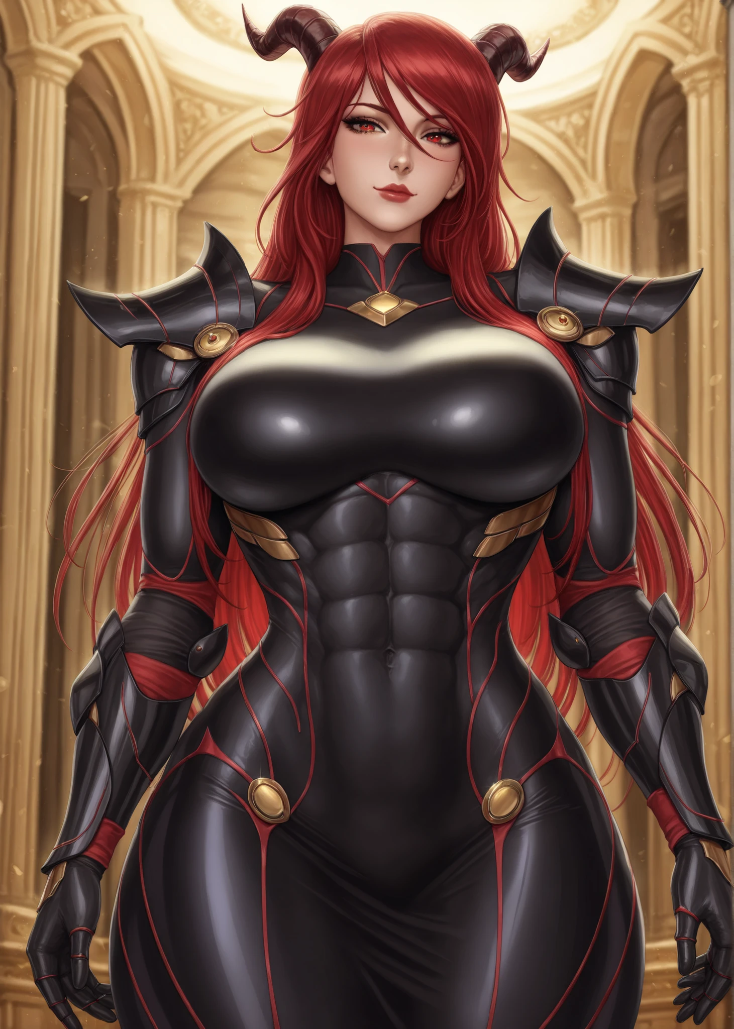 Illustrioussciamano, masterpiece, best quality, high quality, absurdres BREAK 1girl, solo, mature woman, milf, goddess, dragoness, red dragon horns, straight hair, red hair and hair on the sides, red eyes (neon), thick red lips, closed mouth, light smile, lush, hot figure, athletic body, six packs of abs, perfect body, natural huge breasts, wide hips, small waist, thick thigh, incomplete black armour with golden accents (exposes six packs of abs), looks at the viewer, standing, against the background of a rich and graceful banquet hall, inclined, dangerous look, volume lighting, dynamic lighting