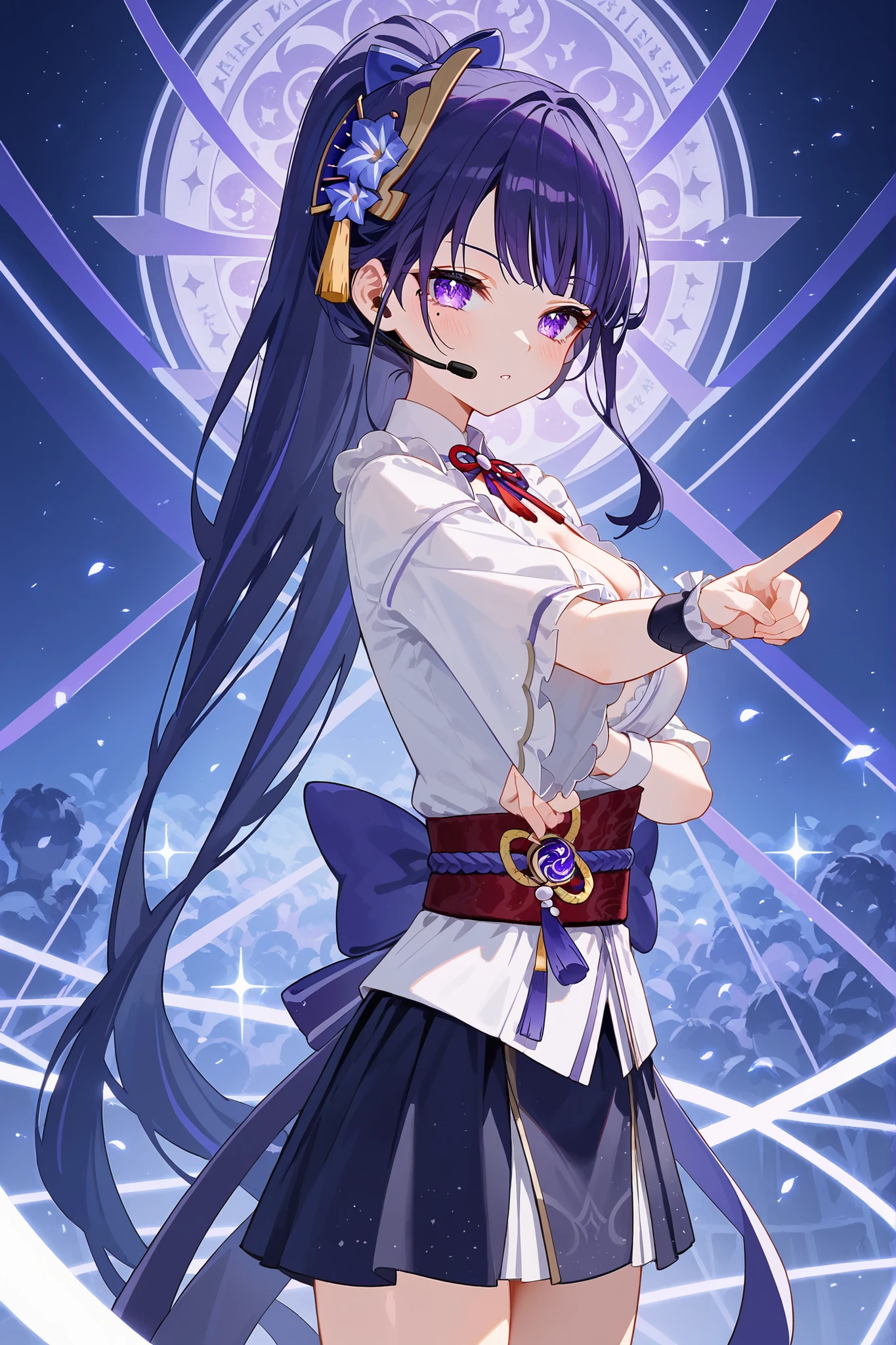 (score_9,score_8_up,score_7_up),source_anime, 4K,perfect fingers,(perfect hands, perfect anatomy),prefect lighting, very aesthetic, intricate details,highly detailed background, masterpiece, high quality, best quality,raidenshogun, raiden shogun,looking_at_viewer,((ponytail hair:1.5)), hair flower, hair ornament, long hair, mole, mole under eye, purple eyes, purple flower, purple hair, large breasts,stage, idol, headset, hand_on_hip, bow, pointing, index_finger_raised, blue_skirt, stage_lights, wrist_cuffs, ribbon, blush, hair_ornament, hair_ribbon, asymmetrical_hair,frills,anime,NSFW,expressive,very beautiful,moody lighting,ultra hd 32k,masterpiece,toes,cute face,