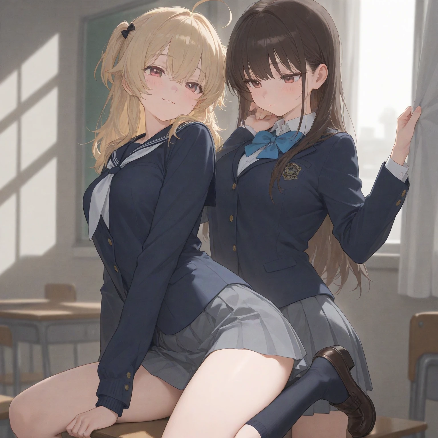 2 girls, smile:1.3, shirt, skirt, (small),((classroom:1.5))、、(blush:1.3)、((青いチェック柄のskirt:1.5))、Cowboy Shot、(skirt lift:1.3),(Highly detailed vagina:1.3)、(Highly detailed pussy:1.3)、、(skirt that rolls up:1.3)、without panties:1.5)、,((Pure white cardigan))、