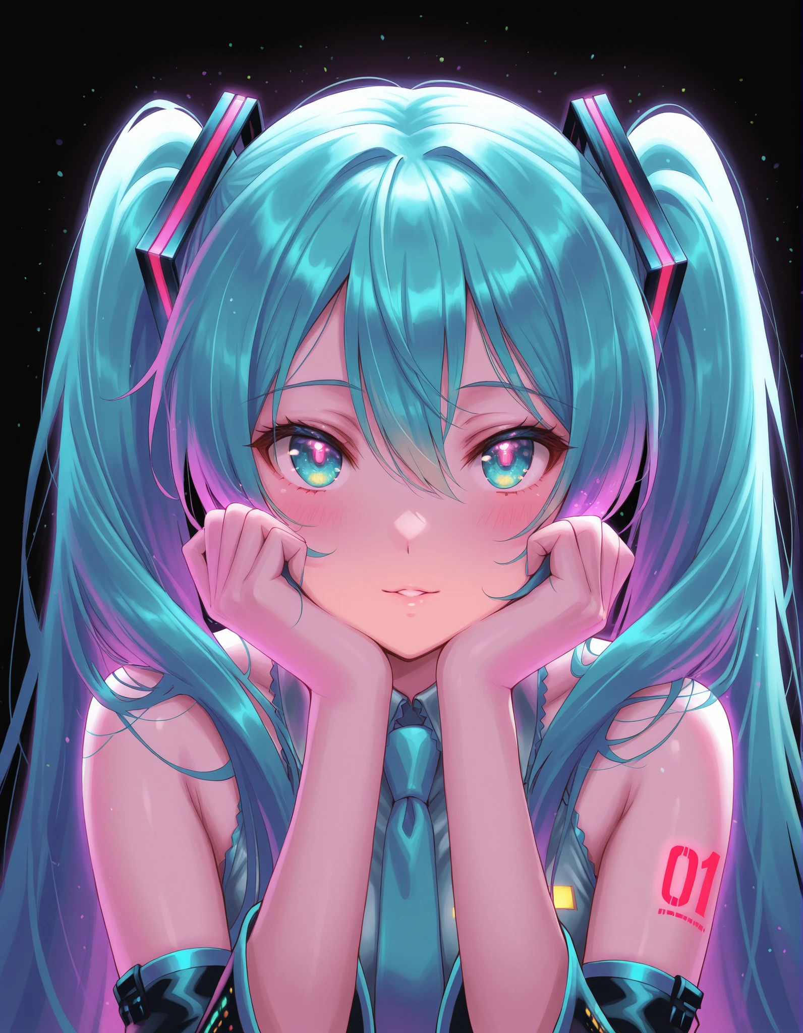 gpstyle,, Hatsune Miku,limited palette,black background,colorful,vibrant,glowing outline,neon,blacklight,looking at viewer, masterpiece, very aesthetic