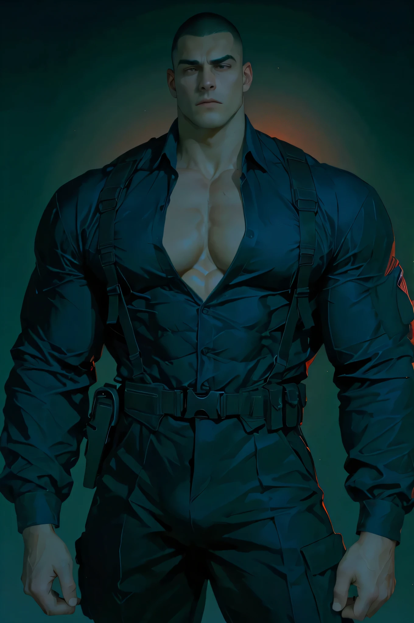 1 man, he is inside a chic wooden house, wearing simple clothes in neutral tones, detailed facial features, masculine green eyes, detailed light skin, shaved hair, strong and serious expression, dramatic lighting, cinematic composition, cold and dark, atmospheric fog, handsome face, square chin, handsome man, masculine, strong muscular body structure, big handsome man, handsome vampire (best quality, 4K, 8K, high resolution, art: 1.2), ultra detailed, (realistic, photorealistic, photorealistic: 1.37) (majestic, incredible, exotic:1.3),