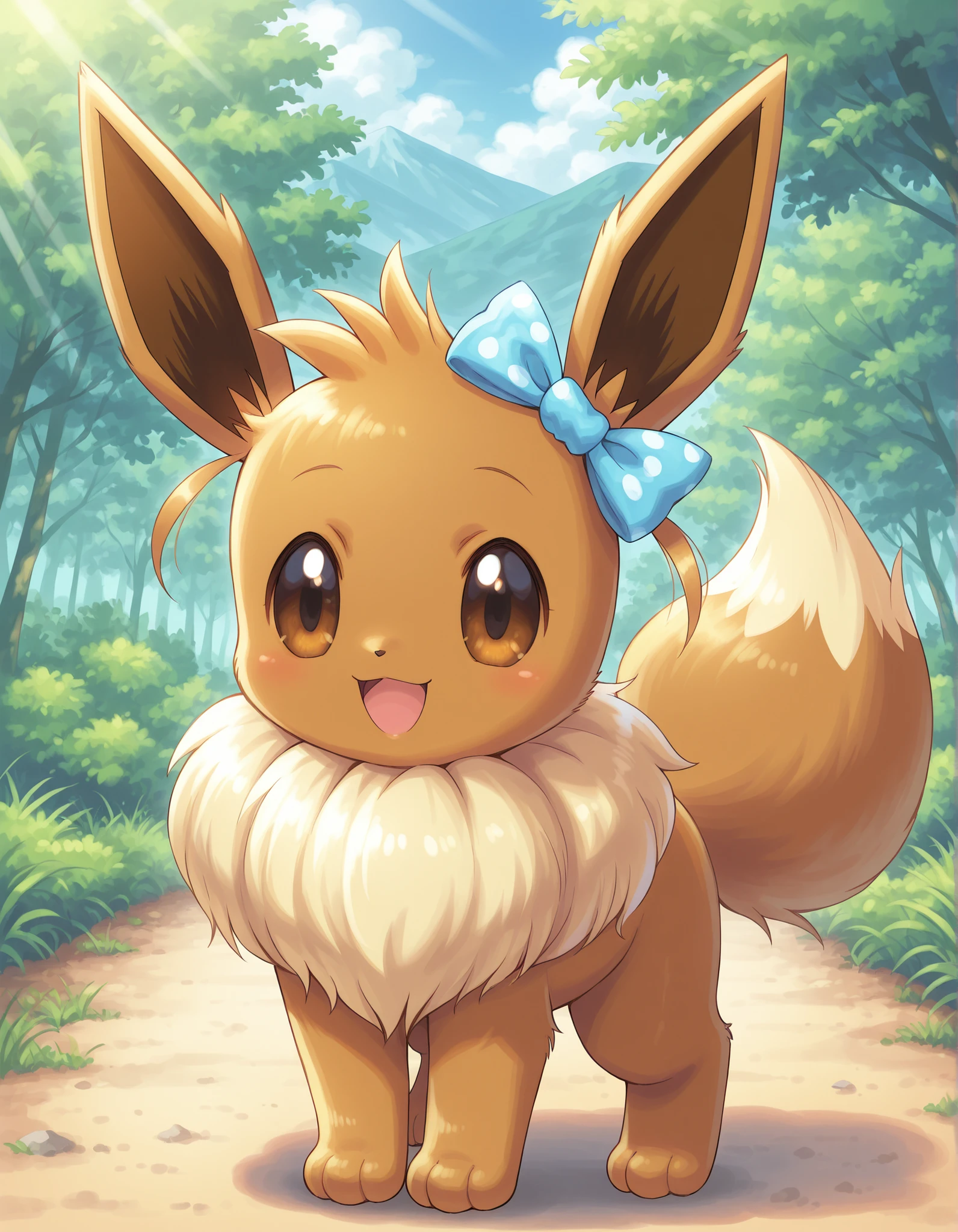 gpstyle,, pokekid, eevee, fluffy girl, furry girl, female, smile, smiling, has a big pretty bow in her hair, has animal paws for hands, 1girl, best quality, outdoors, high definition, cute,
