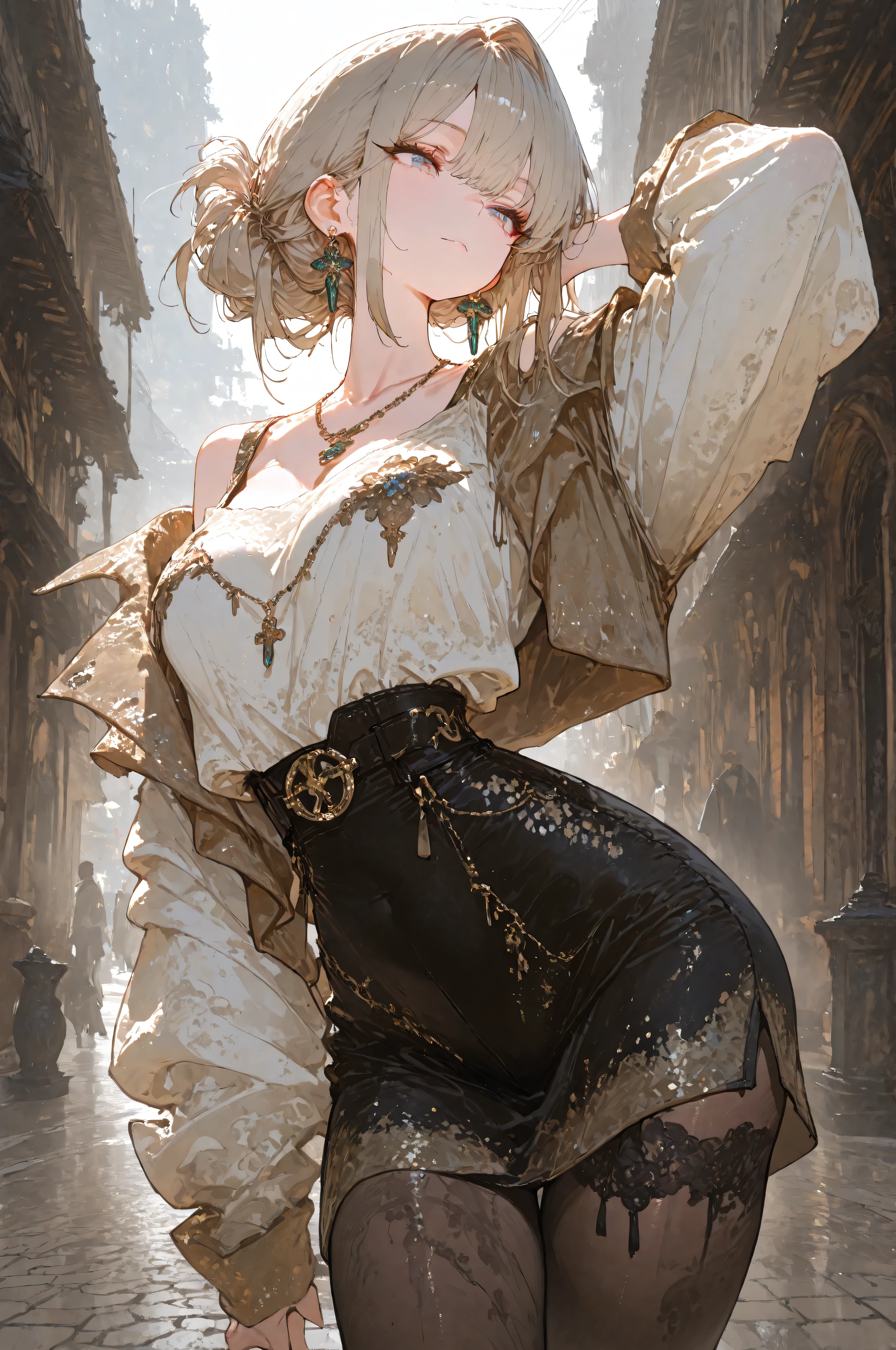 high definition eyes,(masterpiece, detailed:1.2), eyesHD,masterpiece, best quality, amazing quality, hyper-detailed, newest, very aesthetic, 1 adult woman, beautiful hairstyle, sexy earrings, necklace, textured clothes, orgasming, dynamic pose:1.0, sexy clothes, pantyhose, absurdres, highres, scenery