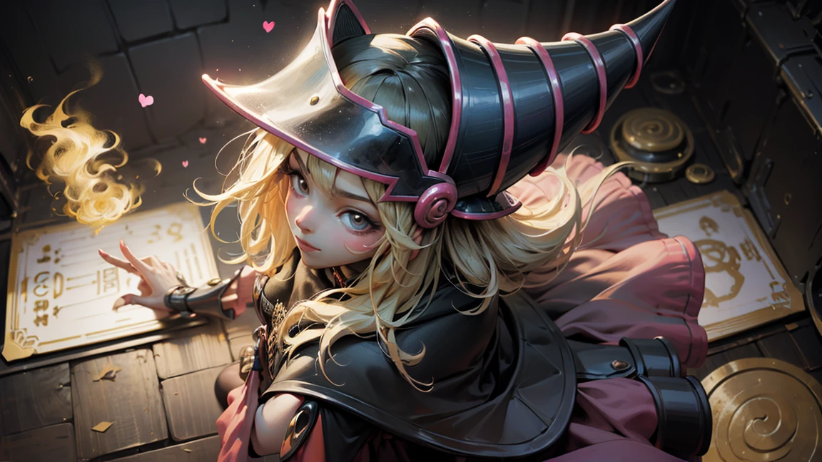 Create the beautiful face of dark magician gils. blue eyes. pink lips. white tea. blond hair. girl smile.  shoulders. Necklace on the neck. dark wizard gils face. His hands make the sign of peace and love. Peace and love in your hands. 