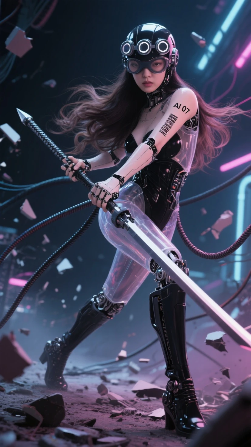 Fraction_9, Fraction_8_more than, Fraction_7_more than. in the bottom frame,time has passed, 
SF Future Mechanic 안드로이드 한국 female, 투명한 몸체, 시스루, black and 롱 웨이브 hair, close-up facial Helmatt covering eyes and head, 5 round 크기가 작은, 눈에서부터 머리까지 세로로 정렬된 vision goggles (microscope) lenses on Helmatt's eyes, and 작게 AI 07 numbers and barcodes on the skin of one arm.
Dynamic movements, motion blur, dramatic martial arts action poses that seem to be dancing, SF Future Mechanic female warriors, balanced, flexible and sleek body, a fierce expression on the face of an innocent and elegant KPOP idol, a detailed face, a light afterimage effect of a wielding long spear weapon, a screen full of broken debris, the height of glamour intertwined with neon lights. 끊어진 긴 케이블 전선들이 공중에 휘날린다. 투몀한 몸체 속에 보이는 안드로이드 부품과 구조의 디테일. 긴 메카닉 부츠, 긴 메카닉 부츠를 신은 발이 땅을 강하게 밟아 부서진다. 여전사가 밟은 땅이 부서져 파편이 튄다. 헬멧이 눈까지 완전히 덮고, 이마는 안보인다, 안면을 가린, 눈과 붙어 있는 헬맷, 야시경 렌즈 5개가 안면부 눈에 달린 헬맷, 눈에 야시경 렌즈, 가면처럼, 여전사의 발끝에서 머리끝까지 전체 모습을 담은 풀바디샷.
[futuristic style, neon, glasses, futuristic style headset]. Masterpiece, best quality, (super detailed), incredible quality, is very beautiful, illustration, perfect composition of the face, Fine Details, absurd, incredibly absurd.