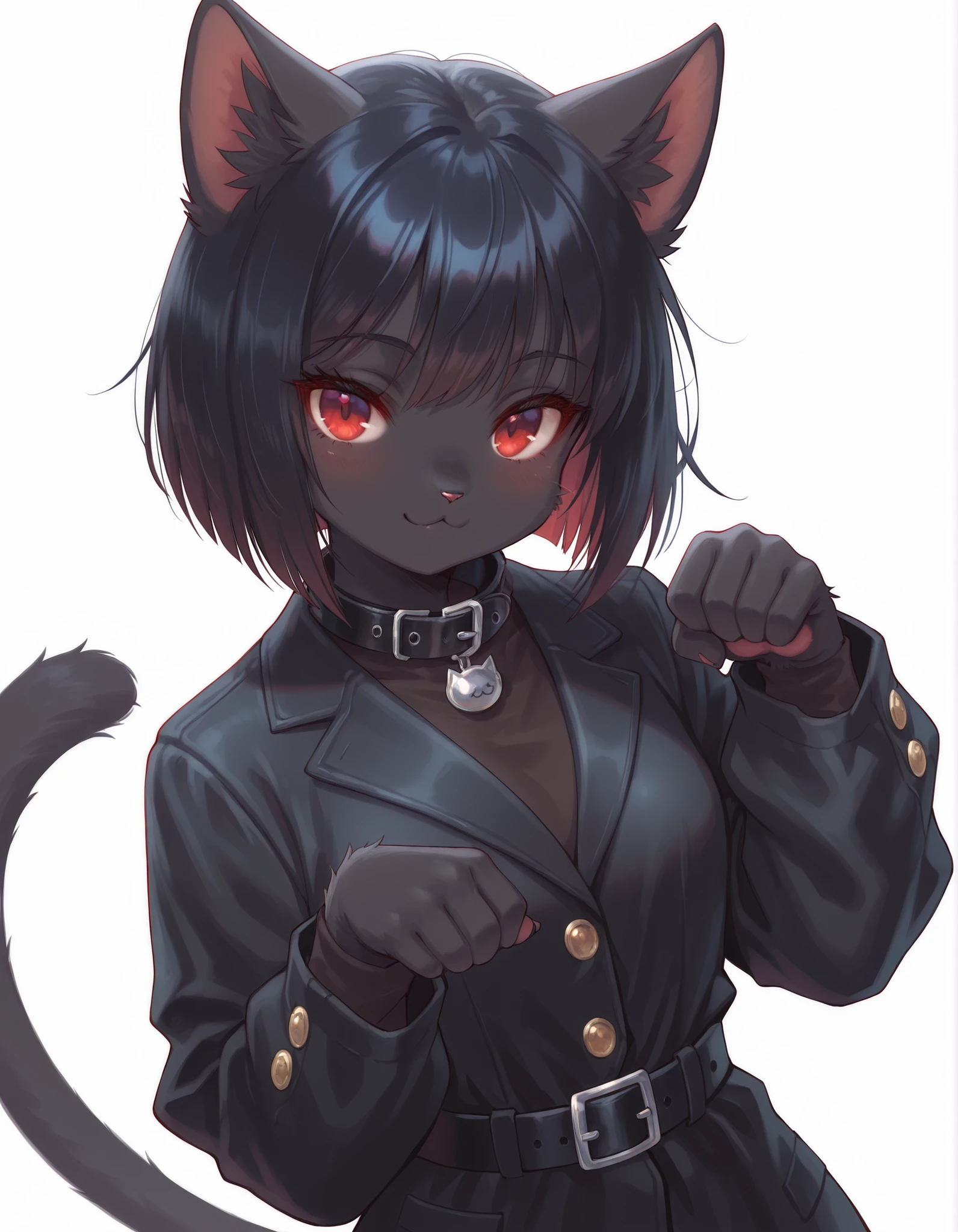 gpstyle,, masterpiece, best quality, very aesthetic, 1girl, solo, white background, looking at viewer, portrait, paw pose, :3, furry female, cat girl, animal ears, black hair, short hair, black skin, red eyes, cat tail, black jacket, buttons, long sleeves, black belt, collar, masterpiece, best quality,
