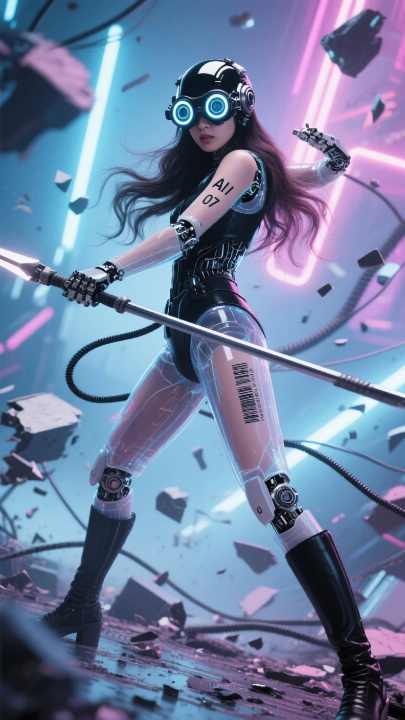 Fraction_9, Fraction_8_more than, Fraction_7_more than. in the bottom frame,time has passed, 
SF Future Mechanic 안드로이드 한국 female, 투명한 몸체, 시스루, black and 롱 웨이브 hair, close-up facial Helmatt covering eyes and head, 5 round 크기가 작은, 눈에서부터 머리까지 세로로 정렬된 vision goggles (microscope) lenses on Helmatt's eyes, and 작게 AI 07 numbers and barcodes on the skin of one arm.
Dynamic movements, motion blur, dramatic martial arts action poses that seem to be dancing, SF Future Mechanic female warriors, balanced, flexible and sleek body, a fierce expression on the face of an innocent and elegant KPOP idol, a detailed face, a light afterimage effect of a wielding long spear weapon, a screen full of broken debris, the height of glamour intertwined with neon lights. 끊어진 긴 케이블 전선들이 공중에 휘날린다. 투몀한 몸체 속에 보이는 안드로이드 부품과 구조의 디테일. 긴 메카닉 부츠, 긴 메카닉 부츠를 신은 발이 땅을 강하게 밟아 부서진다. 여전사가 밟은 땅이 부서져 파편이 튄다. 헬멧이 눈까지 완전히 덮고, 이마는 안보인다, 안면을 가린, 눈과 붙어 있는 헬맷, 야시경 렌즈 5개가 안면부 눈에 달린 헬맷, 눈에 야시경 렌즈, 가면처럼, 여전사의 발끝에서 머리끝까지 전체 모습을 담은 풀바디샷.
[futuristic style, neon, glasses, futuristic style headset]. Masterpiece, best quality, (super detailed), incredible quality, is very beautiful, illustration, perfect composition of the face, Fine Details, absurd, incredibly absurd.