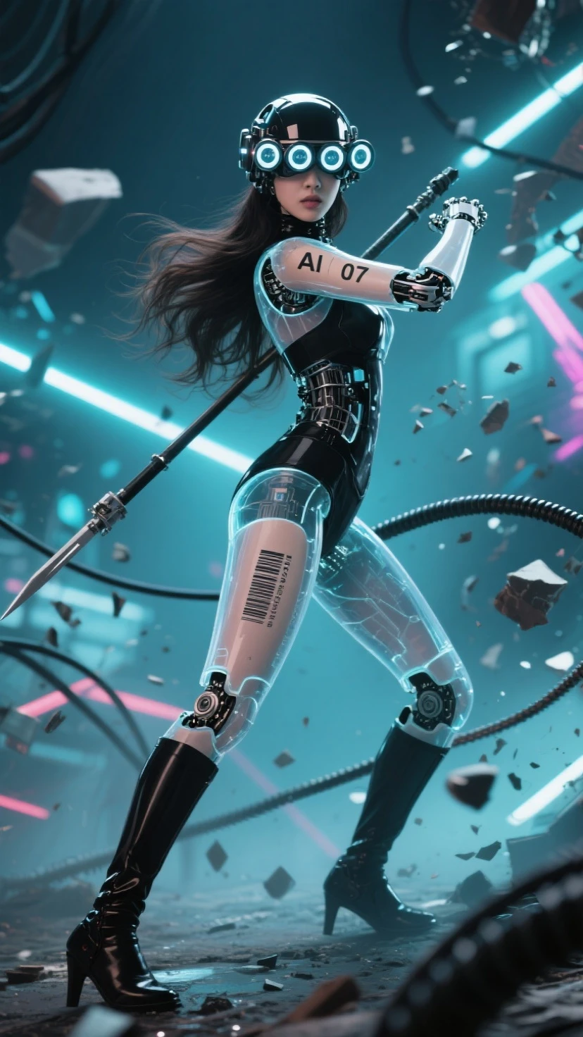 Fraction_9, Fraction_8_more than, Fraction_7_more than. in the bottom frame,time has passed, 
SF Future Mechanic 안드로이드 한국 female, 투명한 몸체, 시스루, black and 롱 웨이브 hair, close-up facial Helmatt covering eyes and head, 5 round 크기가 작은, 눈에서부터 머리까지 세로로 정렬된 vision goggles (microscope) lenses on Helmatt's eyes, and 작게 AI 07 numbers and barcodes on the skin of one arm.
Dynamic movements, motion blur, dramatic martial arts action poses that seem to be dancing, SF Future Mechanic female warriors, balanced, flexible and sleek body, a fierce expression on the face of an innocent and elegant KPOP idol, a detailed face, a light afterimage effect of a wielding long spear weapon, a screen full of broken debris, the height of glamour intertwined with neon lights. 끊어진 긴 케이블 전선들이 공중에 휘날린다. 투몀한 몸체 속에 보이는 안드로이드 부품과 구조의 디테일. 긴 메카닉 부츠, 긴 메카닉 부츠를 신은 발이 땅을 강하게 밟아 부서진다. 여전사가 밟은 땅이 부서져 파편이 튄다. 헬멧이 눈까지 완전히 덮고, 이마는 안보인다, 안면을 가린, 눈과 붙어 있는 헬맷, 야시경 렌즈 5개가 안면부 눈에 달린 헬맷, 눈에 야시경 렌즈, 가면처럼, 여전사의 발끝에서 머리끝까지 전체 모습을 담은 풀바디샷.
[futuristic style, neon, glasses, futuristic style headset]. Masterpiece, best quality, (super detailed), incredible quality, is very beautiful, illustration, perfect composition of the face, Fine Details, absurd, incredibly absurd.