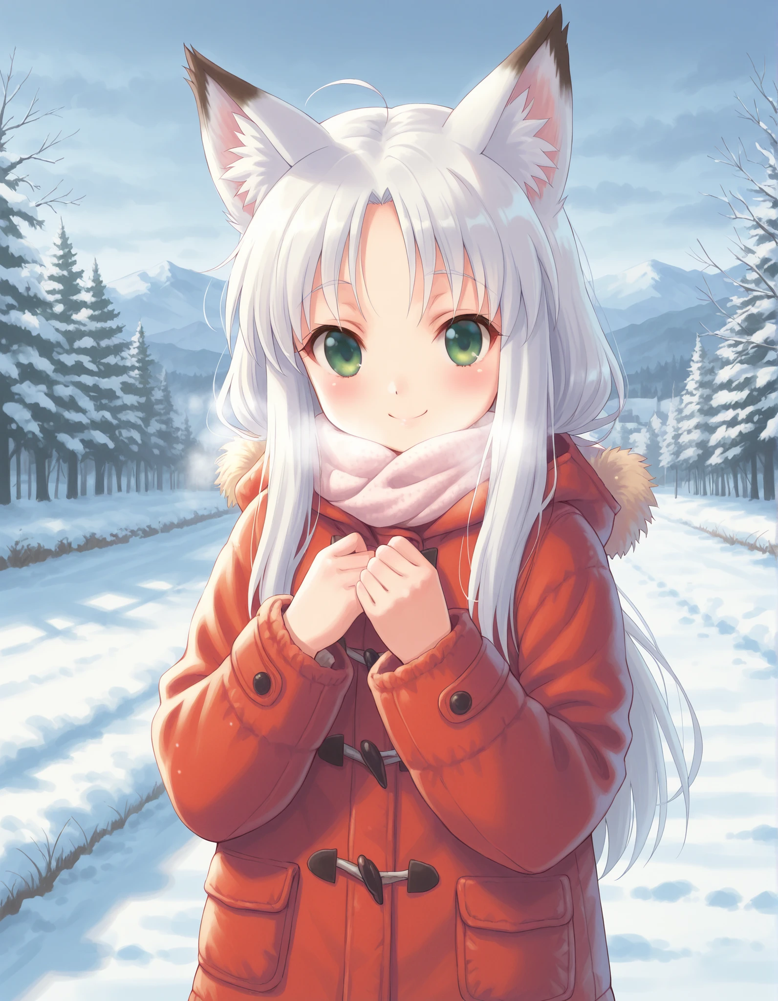 gpstyle,, anime, BREAK, young fox girl,skinny and frail,(petite,cute:0.5), green eyes,looking at viewer, long hair,white hair, smile, winter clothes, outdoors,winter,
