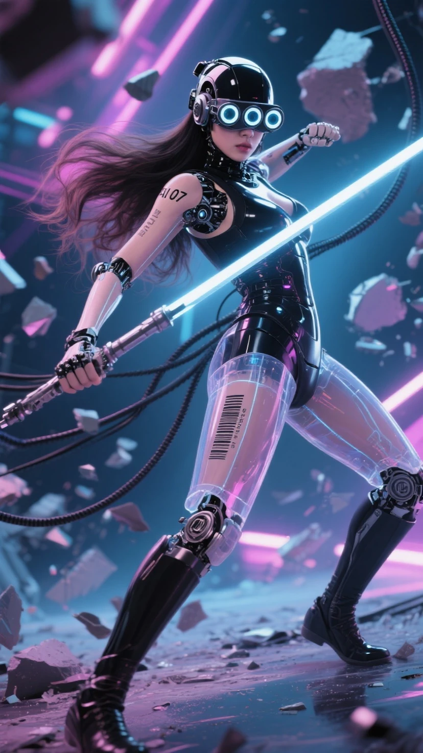 Fraction_9, Fraction_8_more than, Fraction_7_more than. in the bottom frame,time has passed, 
SF Future Mechanic 안드로이드 한국 female, 투명한 몸체, 시스루, black and 롱 웨이브 hair, close-up facial Helmatt covering eyes and head, 5 round 크기가 작은, 눈에서부터 머리까지 세로로 정렬된 vision goggles (microscope) lenses on Helmatt's eyes, and 작게 AI 07 numbers and barcodes on the skin of one arm.
Dynamic movements, motion blur, dramatic martial arts action poses that seem to be dancing, SF Future Mechanic female warriors, balanced, flexible and sleek body, a fierce expression on the face of an innocent and elegant KPOP idol, a detailed face, a light afterimage effect of a wielding long spear weapon, a screen full of broken debris, the height of glamour intertwined with neon lights. 끊어진 긴 케이블 전선들이 공중에 휘날린다. 투몀한 몸체 속에 보이는 안드로이드 부품과 구조의 디테일. 긴 메카닉 부츠, 긴 메카닉 부츠를 신은 발이 땅을 강하게 밟아 부서진다. 여전사가 밟은 땅이 부서져 파편이 튄다. 헬멧이 눈까지 완전히 덮고, 이마는 안보인다, 안면을 가린, 눈과 붙어 있는 헬맷, 야시경 렌즈 5개가 안면부 눈에 달린 헬맷, 눈에 야시경 렌즈, 가면처럼, 여전사의 발끝에서 머리끝까지 전체 모습을 담은 풀바디샷.
[futuristic style, neon, glasses, futuristic style headset]. Masterpiece, best quality, (super detailed), incredible quality, is very beautiful, illustration, perfect composition of the face, Fine Details, absurd, incredibly absurd.