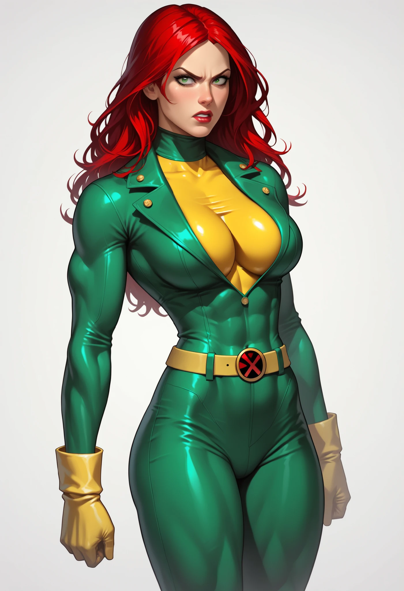  ((White background)) rathing_questionable, (1 girl) (solo girl)  score_9,  score_8_up,   BREAK,  perfect face, 1 girl, (Jean Grey:1.4) ,Jean Grey dos X-men , Marvel , X-Men,  super heroine , GREEN EYES , red hair , long and long hair ,(Tight green leather outfit:1.4) ,(Yellow leather turtleneck), (pants green:1.2) (Yellow belt), yellow boots , poderes , light pink coming out of the hands , levitando , Breast cleavage, (big breasts:1.0)) , ((hyper muscular:0.6)) ,(strong) angry