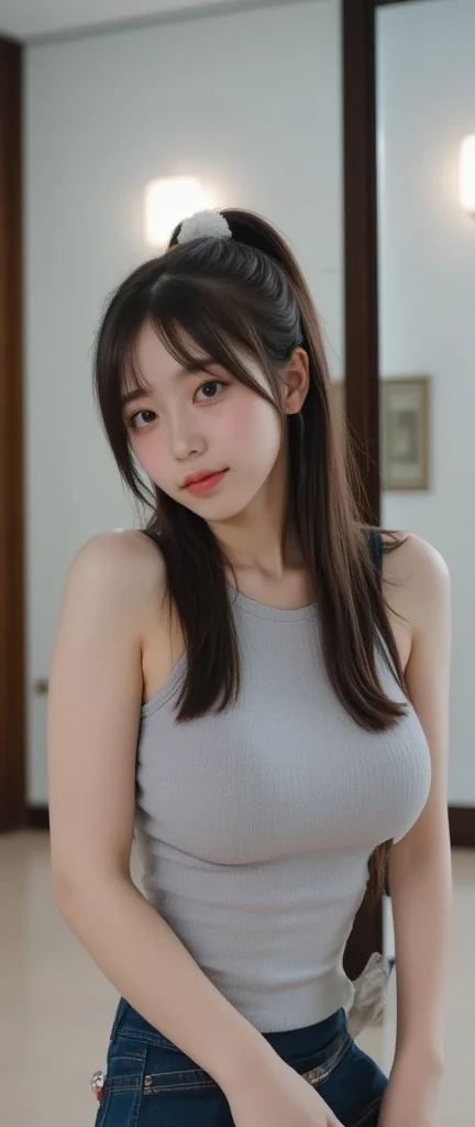 In detail, High resolution, high quality、Perfect dynamic composition, Beautiful attention to detail,Brown Hair, Medium Hair, small 、Natural color lip,Kamimei、Shibuya Ward、20-year-old girl、1 person、Clear Skin、Shiny Hair、Tabletop, 最high quality, figure, Very detailed, In detail, High resolution, 8k、The correct state of the human body、Randomly cute poses,ponytail,Beautiful feet,Perfect beautiful face,KPOP idol faces,Ecstatic face,Light grey knit dress,Background Blur,Dress up as a model for a women's fashion magazine