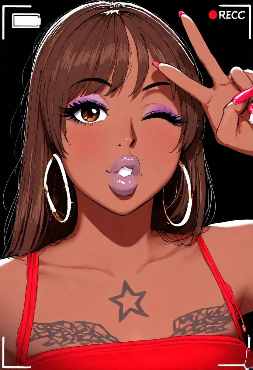 Masterpiece, best quality, amazing quality, very aesthetic, high resolution, absurdres, HDR, cinematic lighting, cartoon,
1girl, v1ct0r14c4k3s, facing viewer, brown hair, very dark skin, bangs, large brown lips, puckered lips, hoop earrings, happy, excited, one eye closed, (peace_sign, v), tattoo, wink star, 
tube top, portrait, close-up, looking at viewer, fake eyelashes, makeup, viewfinder, pink eyeliner, 
black background, glamorous, fellatrix,
<lora:Victoria_Cakes_By_Aixplosion_Illustrious:1.1>  <lora:Fellatrix:0.2>