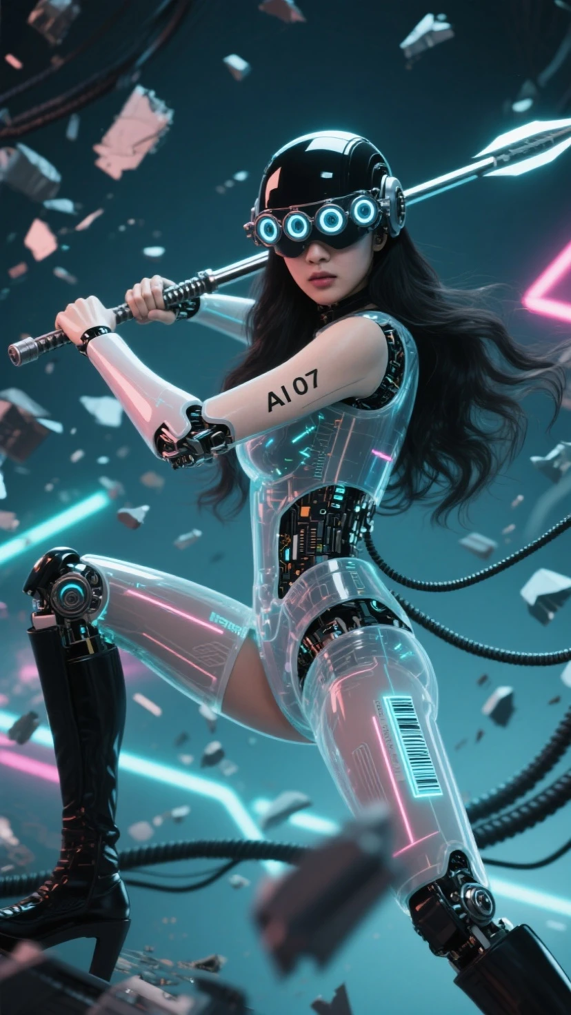 Fraction_9, Fraction_8_more than, Fraction_7_more than. in the bottom frame,time has passed, 
SF Future Mechanic 안드로이드 한국 female, 투명한 몸체, 시스루, black and 롱 웨이브 hair, close-up facial Helmatt covering eyes and head, 5 round 크기가 작은, 눈에서부터 머리까지 세로로 정렬된 vision goggles (microscope) lenses on Helmatt's eyes, and 작게 AI 07 numbers and barcodes on the skin of one arm.
Dynamic movements, motion blur, dramatic martial arts action poses that seem to be dancing, SF Future Mechanic female warriors, balanced, flexible and sleek body, a fierce expression on the face of an innocent and elegant KPOP idol, a detailed face, a light afterimage effect of a wielding long spear weapon, a screen full of broken debris, the height of glamour intertwined with neon lights. 끊어진 긴 케이블 전선들이 공중에 휘날린다. 투몀한 몸체 속에 보이는 안드로이드 부품과 구조의 디테일. 긴 메카닉 부츠, 긴 메카닉 부츠를 신은 발이 땅을 강하게 밟아 부서진다. 여전사가 밟은 땅이 부서져 파편이 튄다. 헬멧이 눈까지 완전히 덮고, 이마는 안보인다, 안면을 가린, 눈과 붙어 있는 헬맷, 야시경 렌즈 5개가 안면부 눈에 달린 헬맷, 눈에 야시경 렌즈, 가면처럼, 여전사의 발끝에서 머리끝까지 전체 모습을 담은 풀바디샷.
[futuristic style, neon, glasses, futuristic style headset]. Masterpiece, best quality, (super detailed), incredible quality, is very beautiful, illustration, perfect composition of the face, Fine Details, absurd, incredibly absurd.